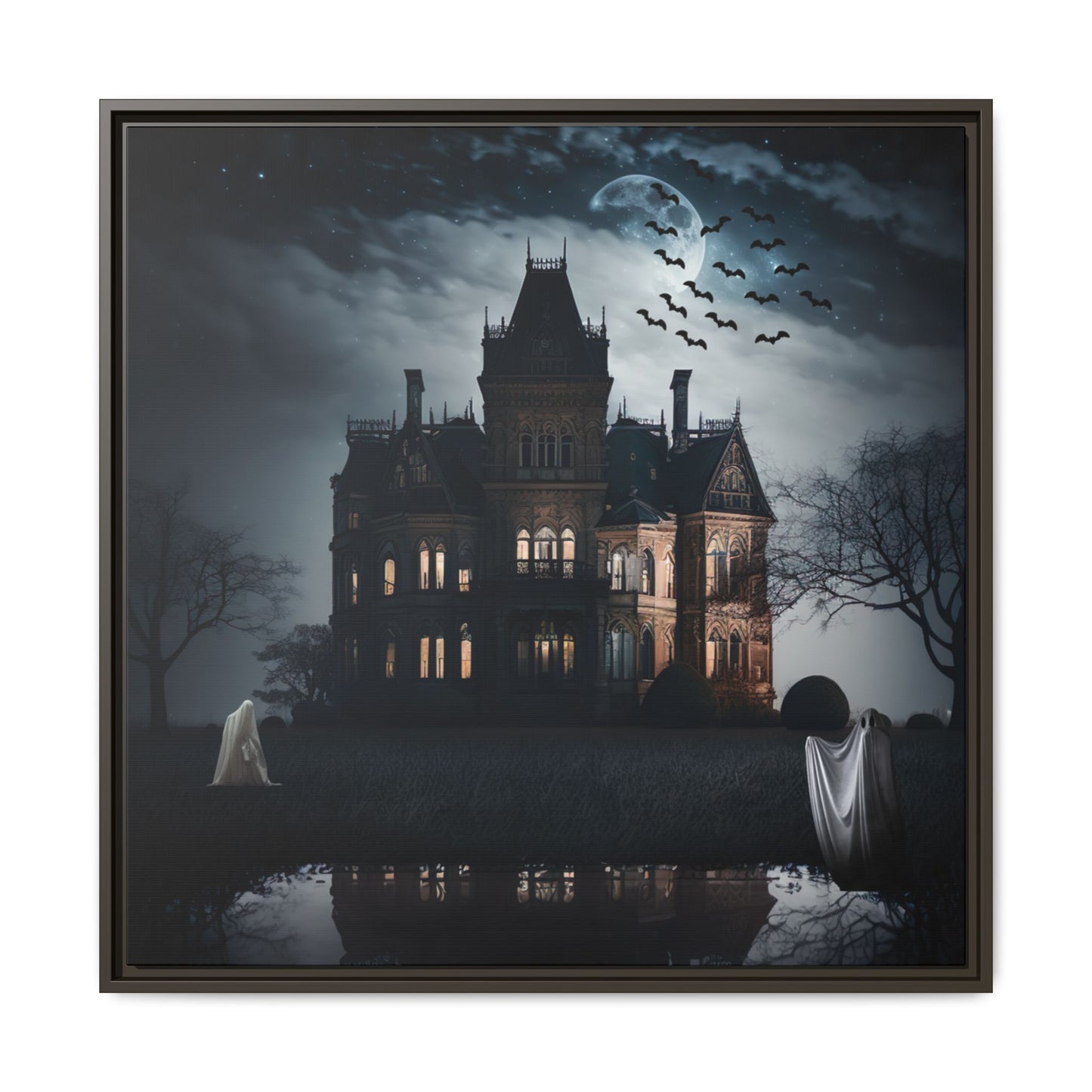 Framed artwork of a haunted mansion at night with ghosts and bats.