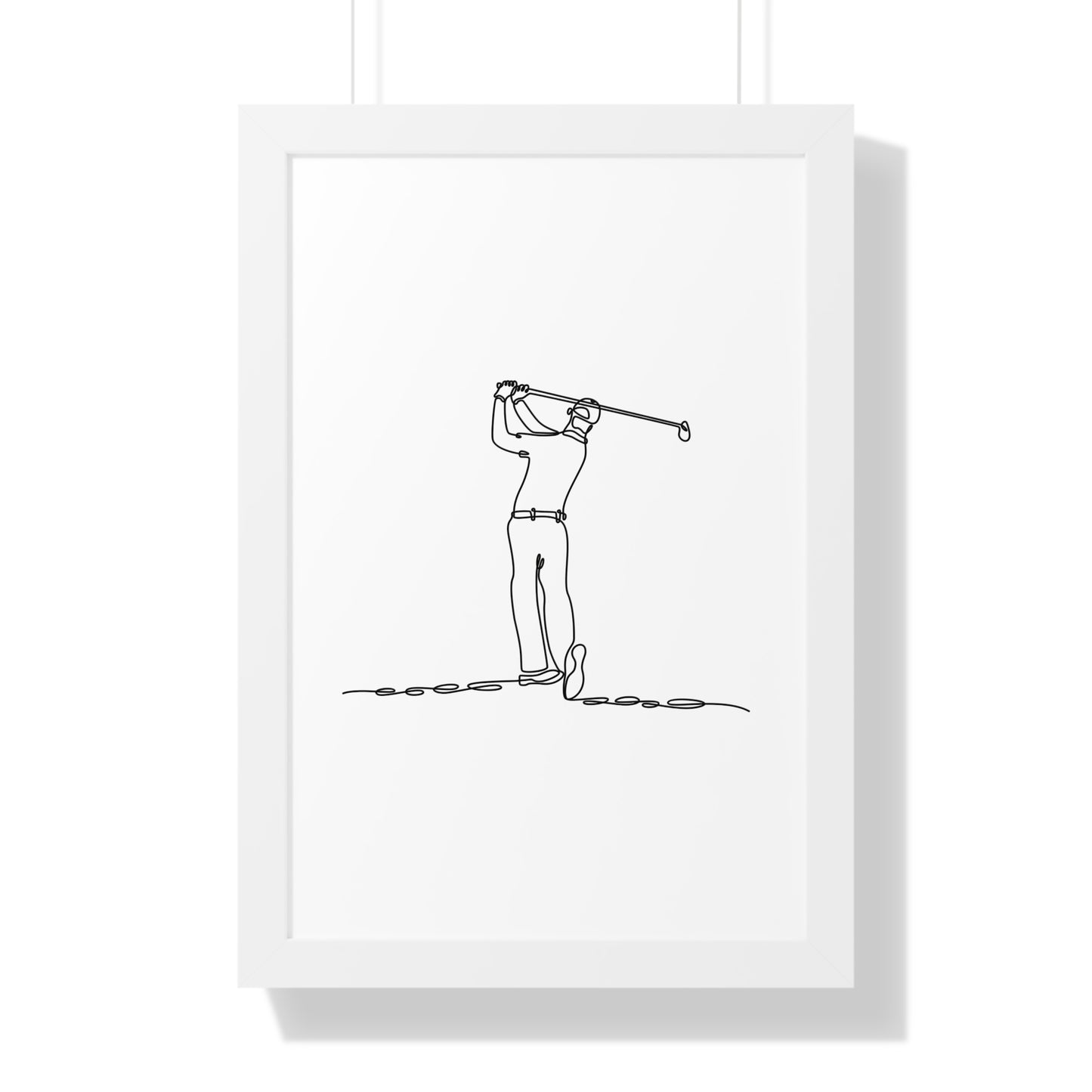 Framed line drawing of a golfer on a white background