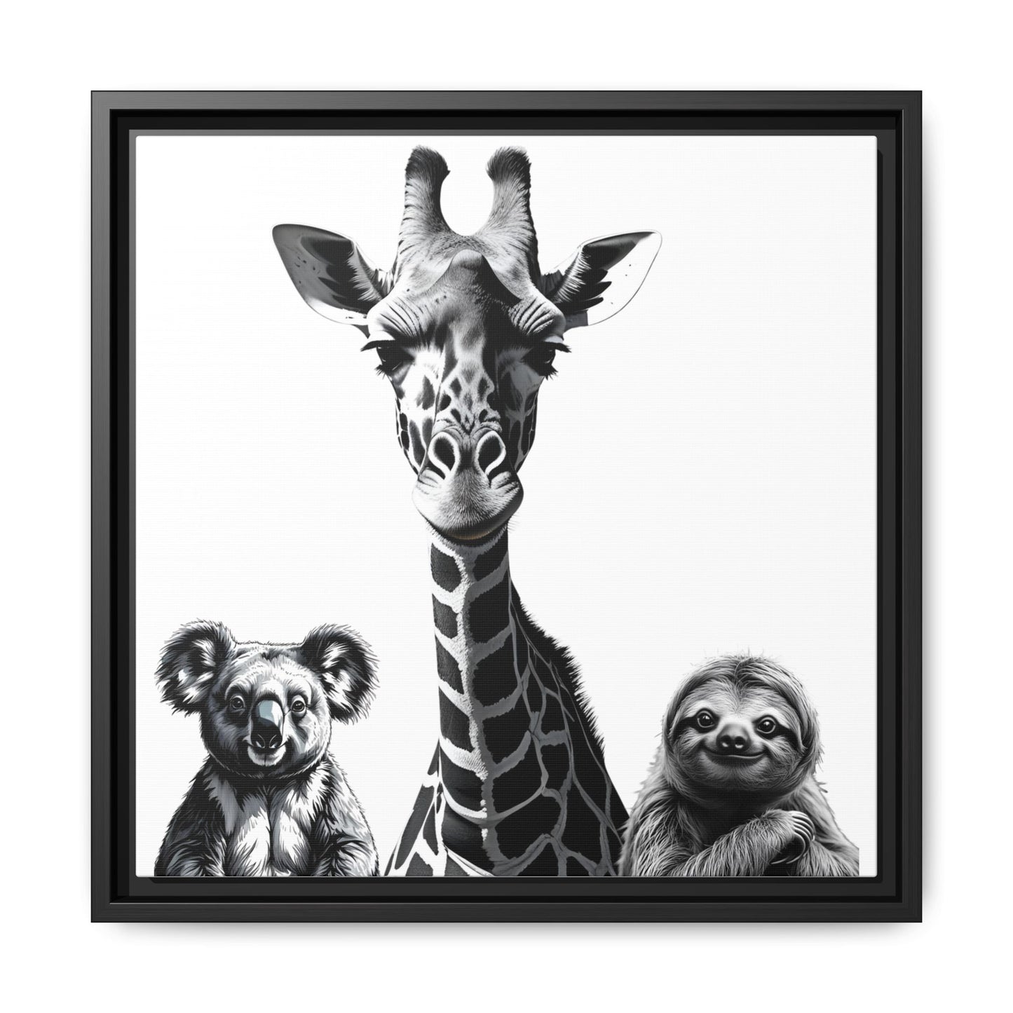 Framed artwork of a giraffe, koala, and sloth on a white background