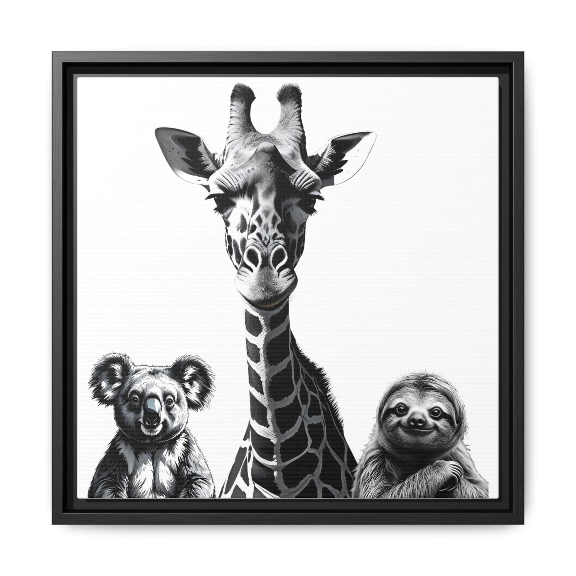 Framed artwork of a giraffe, koala, and sloth on a white background