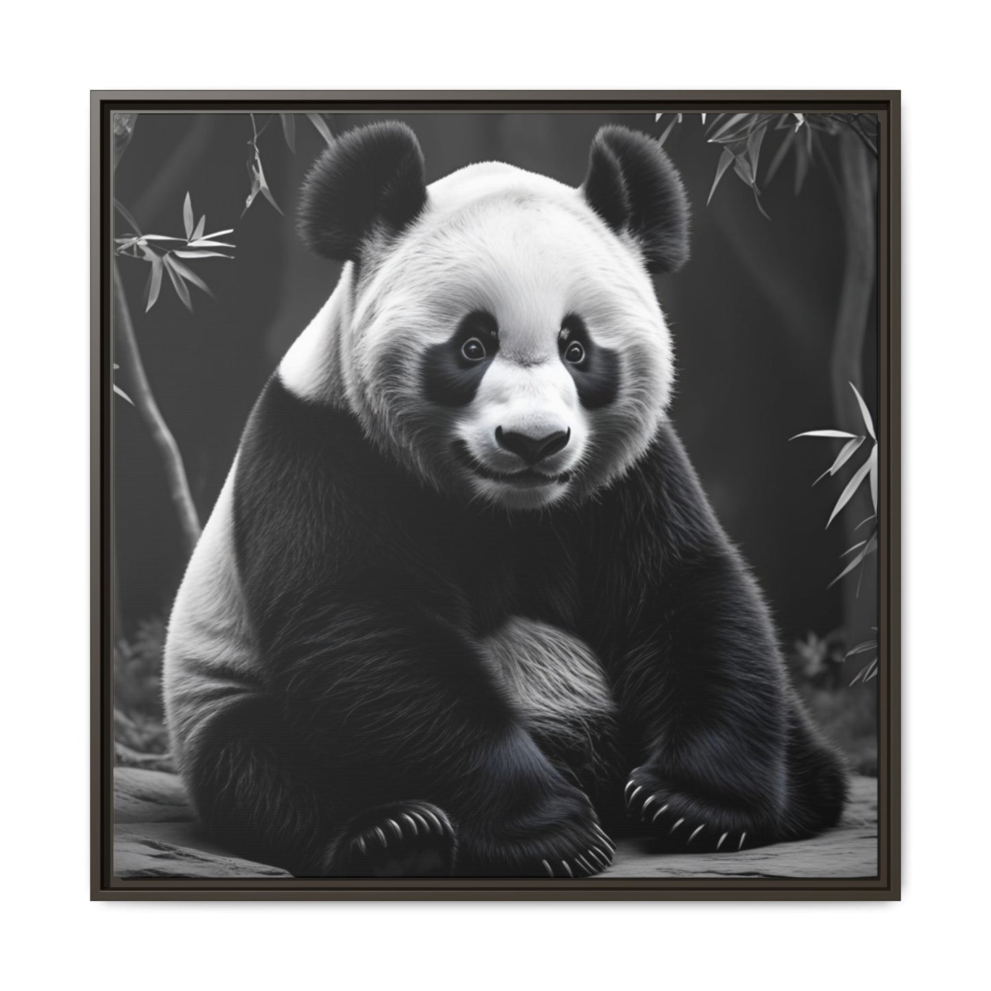 Black and white panda bear sitting on a branch with bamboo leaves in the background