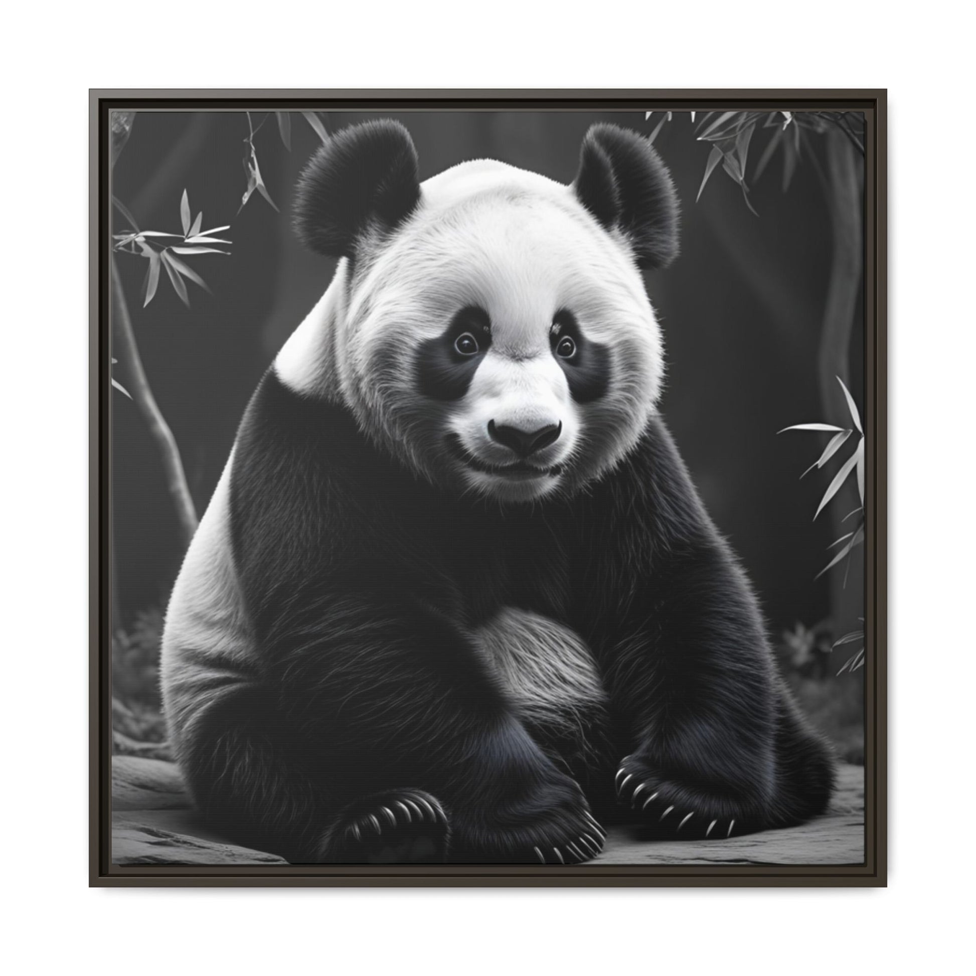 Black and white panda bear sitting on a branch with bamboo leaves in the background