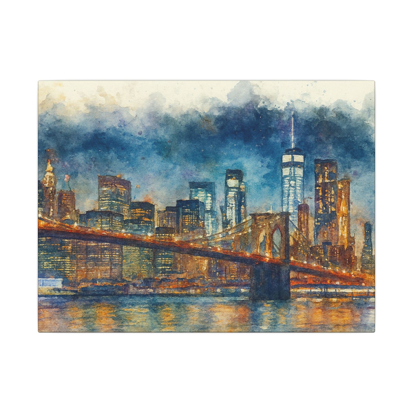NYC Skyline Watercolor Art Print, Brooklyn Bridge Night Painting, New York City Wall Decor, Skyline Canvas Print, Urban Landscape