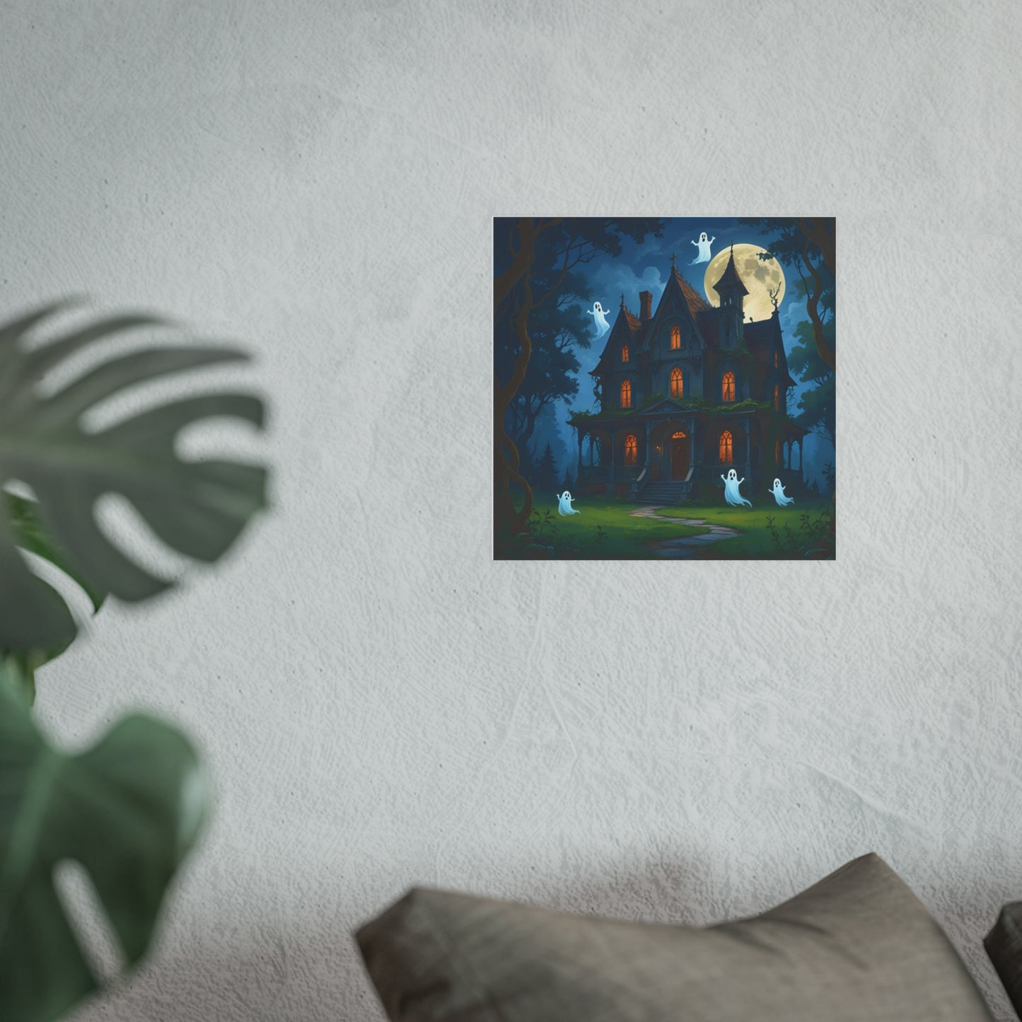Haunted House Ghosts Poster — Friendly Ghosts Floating Around a Haunted House