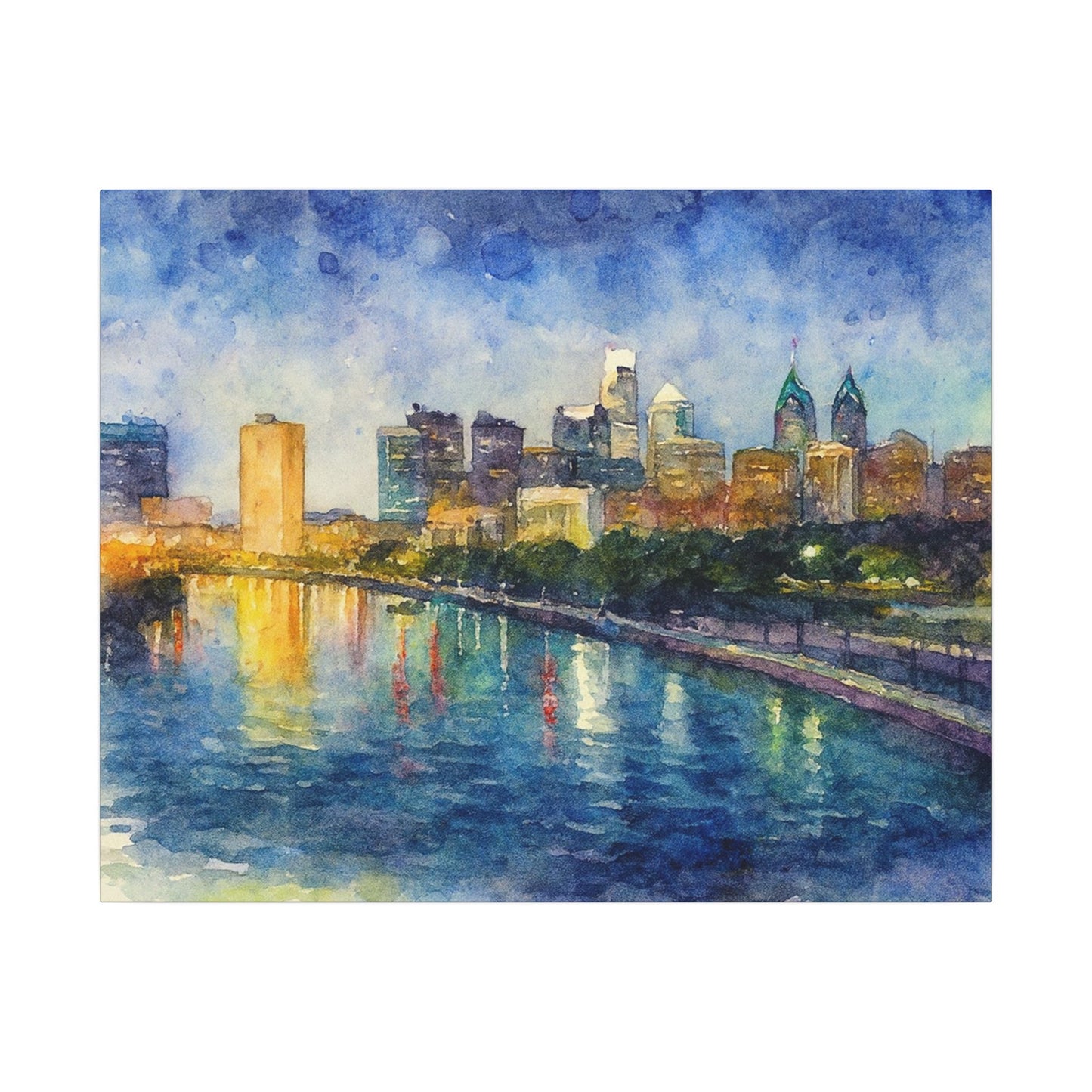 City skyline reflected in water with a colorful sky