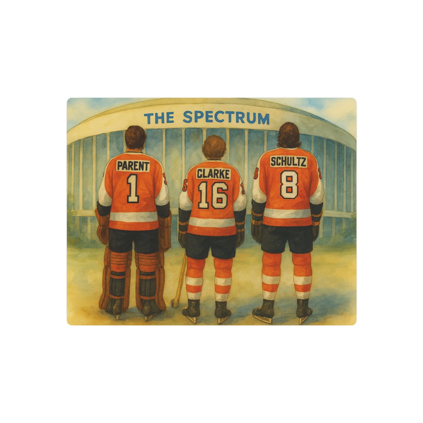 Philadelphia sports legend hockey players in orange jerseys standing in front of 'The Spectrum' arena.