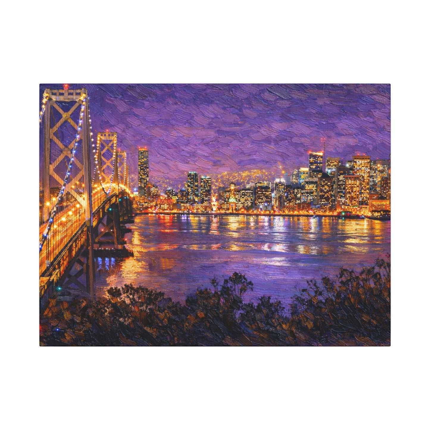 San Francisco Skyline Canvas Wall Art, Bay Bridge Night Painting, Impasto Style Artwork