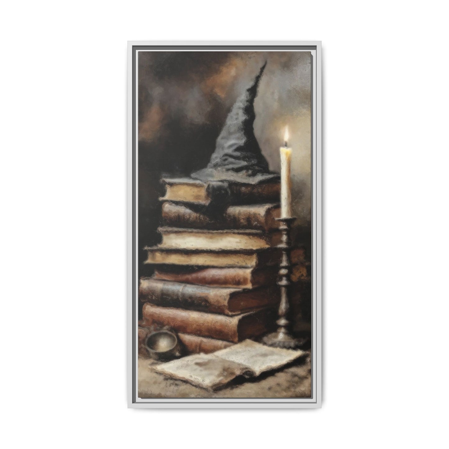 Painting of a wizard's hat on books with a candle, framed.