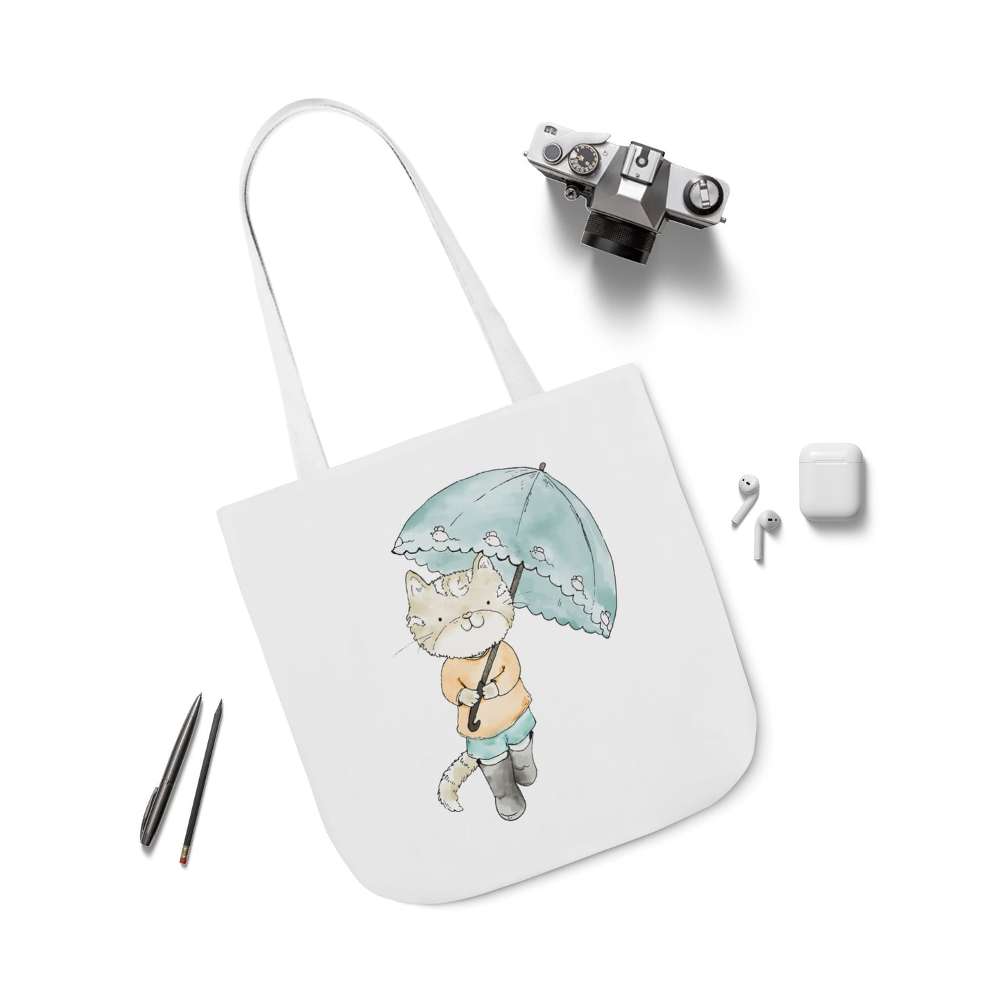 Cat Lover Tote Bag Cute Kitty with Umbrella Rain Boots Cat Lover Eco Tote Bag