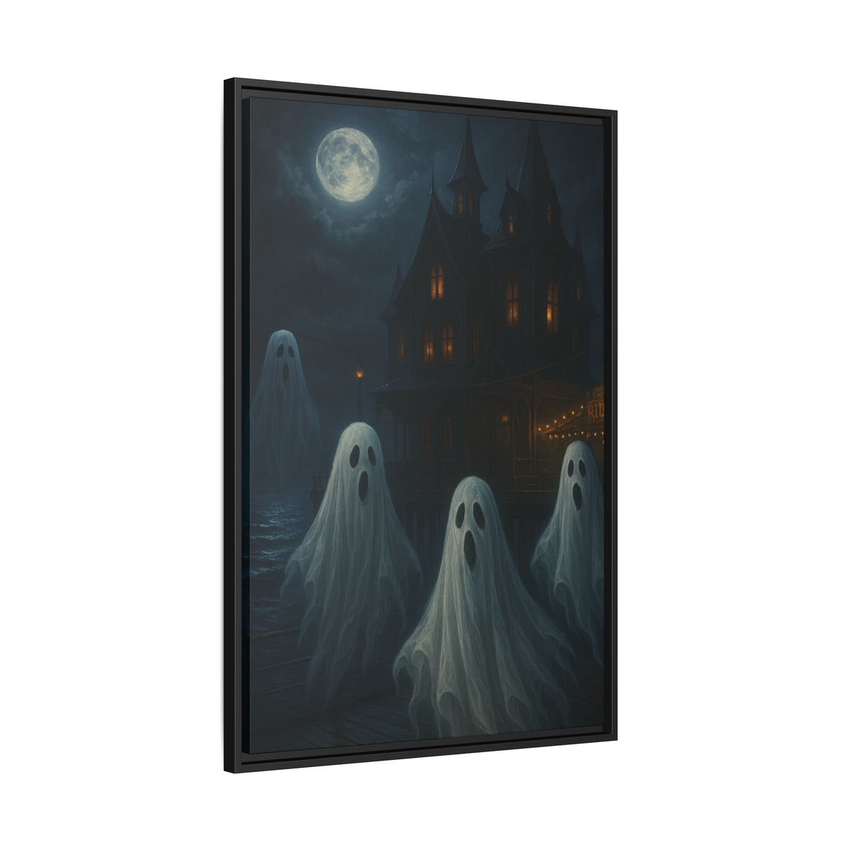 Haunted House Ghost Canvas Wall Art – Spooky Halloween Framed Art, Vintage Horror Decor, Gothic Night Scene Print