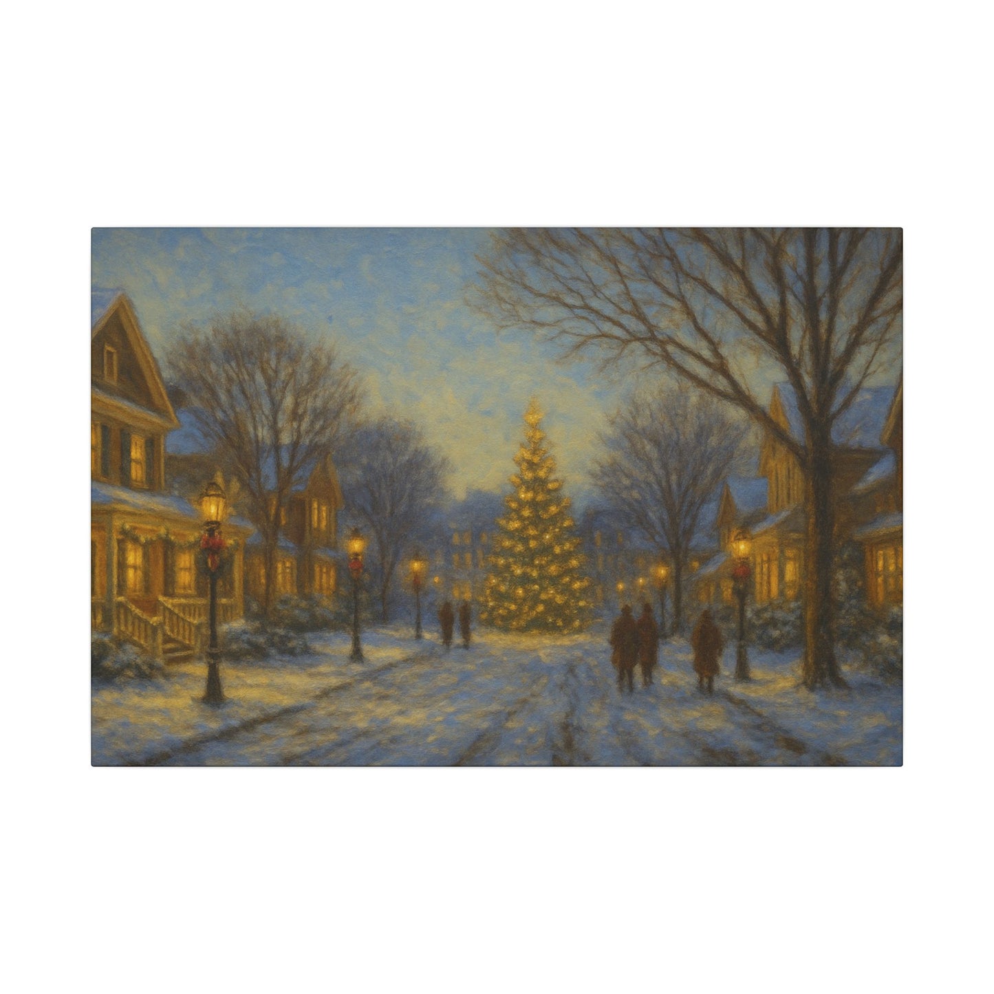 Winter scene with a decorated Christmas tree in the center of a snowy street, surrounded by houses and people.
