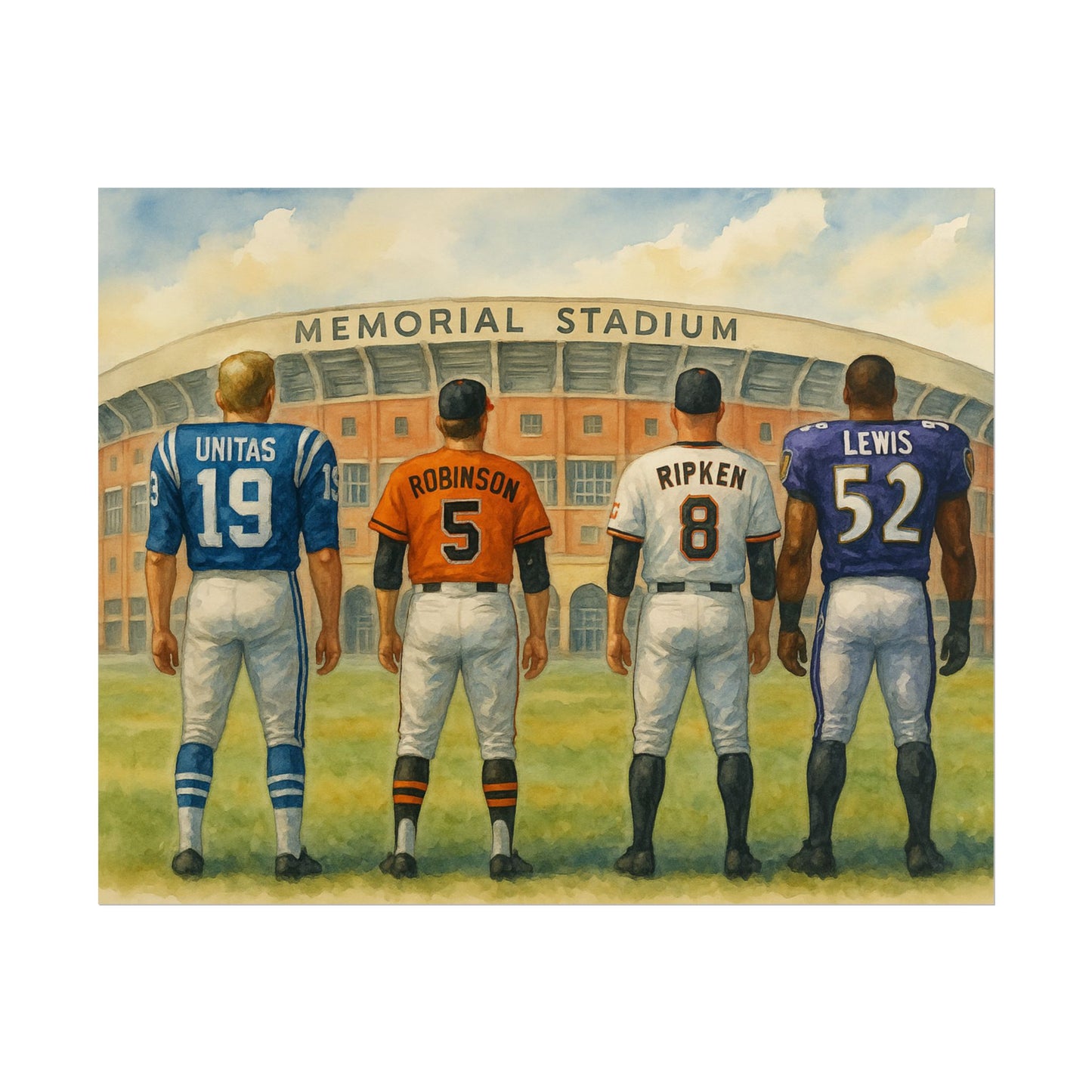 Baltimore sports legends  in vintage uniforms standing in front of Memorial Stadium.