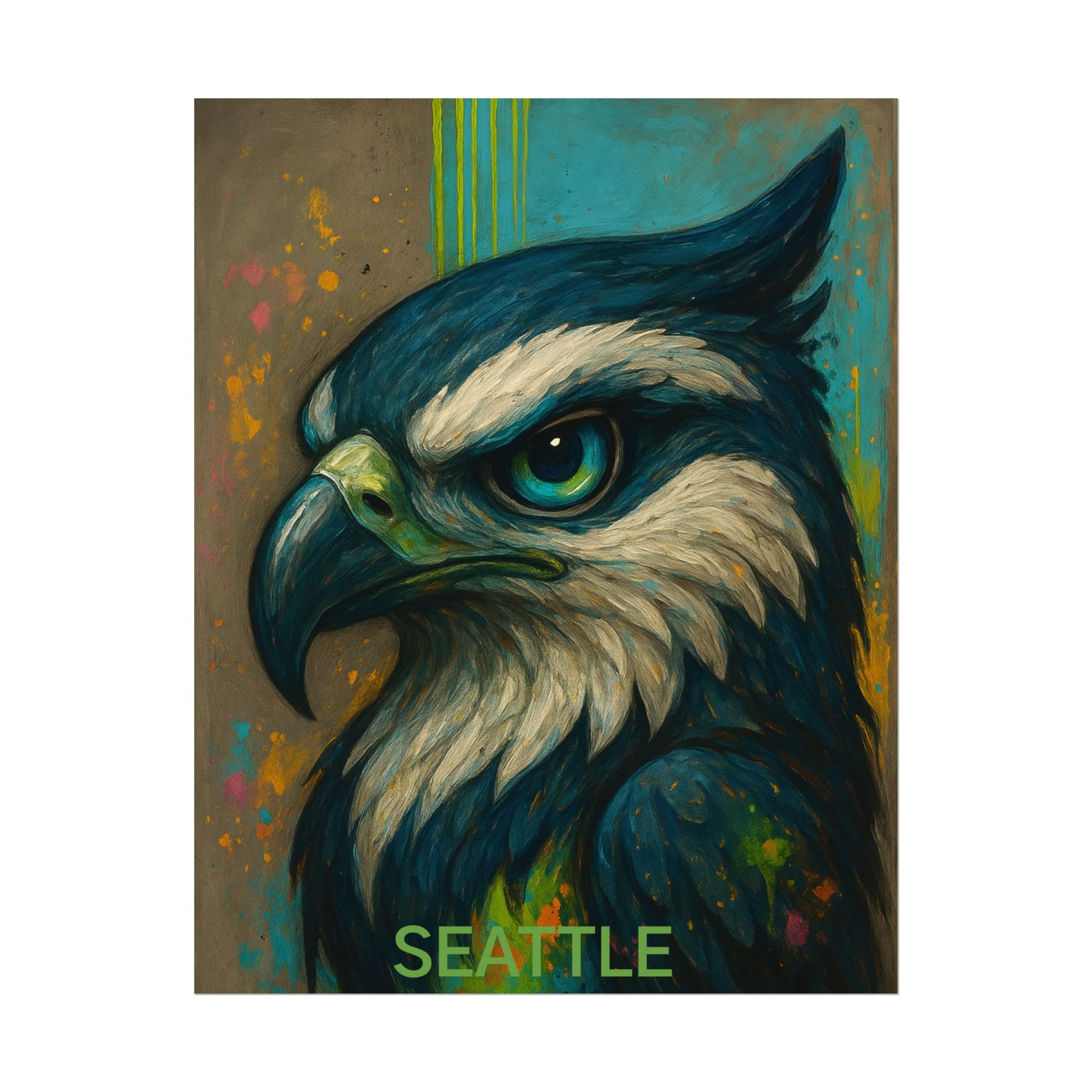 Artistic depiction of an eagle with 'Seattle' text on a colorful background