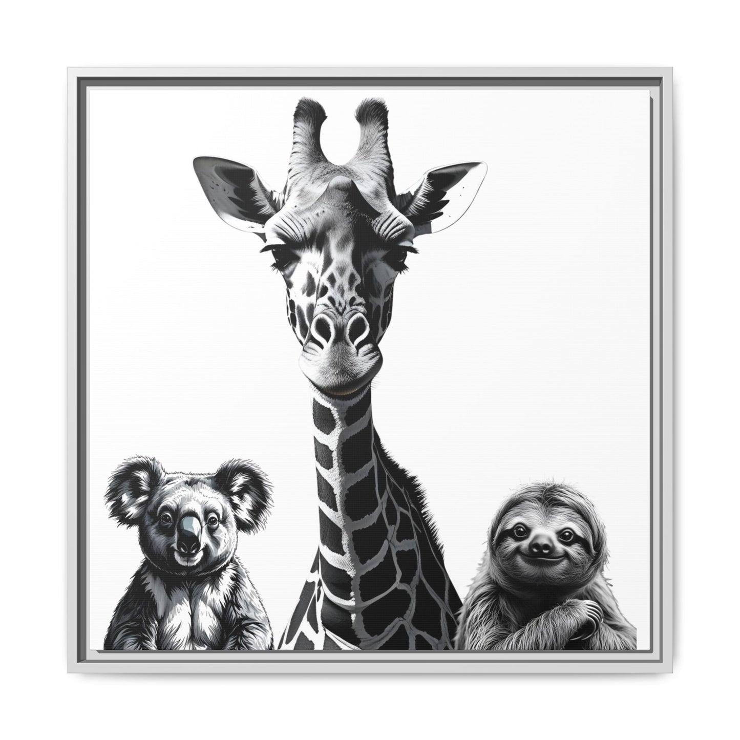 Framed artwork with a giraffe, koala, and sloth illustration.