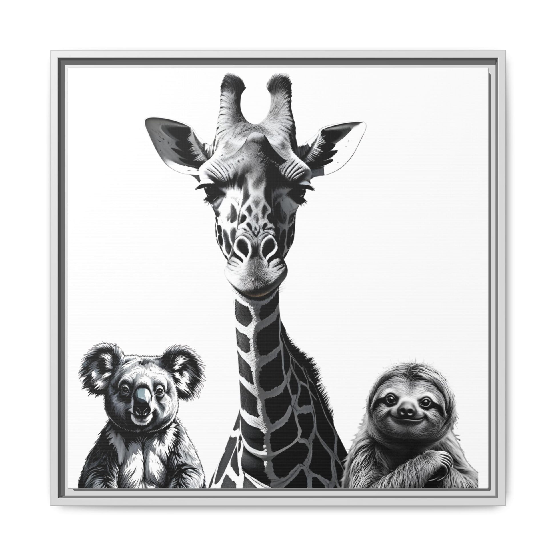 Framed artwork with a giraffe, koala, and sloth illustration.