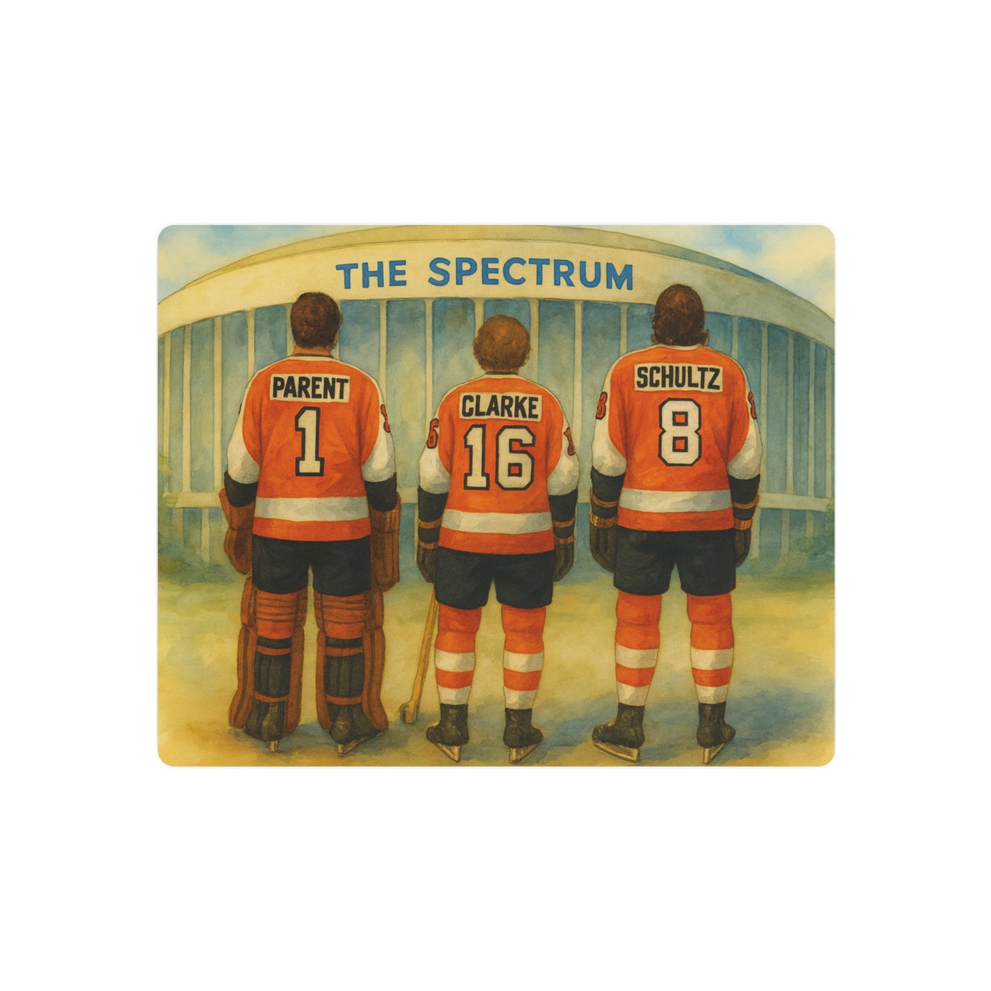 Philadelphia sports legend hockey players in orange jerseys standing in front of 'The Spectrum' arena.