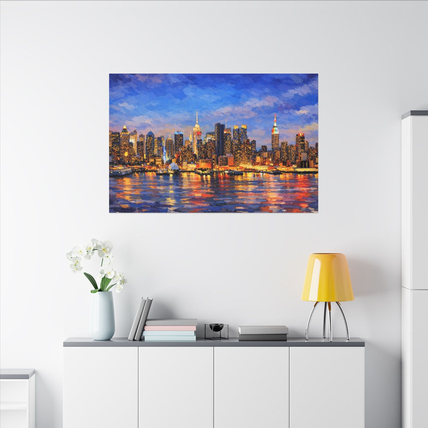 New York City Skyline Canvas Wall Art – Night Waterfront Impasto Cityscape Painting