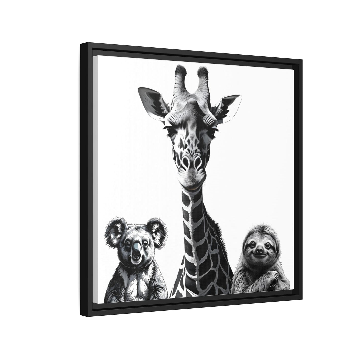 Framed artwork with a giraffe, koala, and sloth on a white background