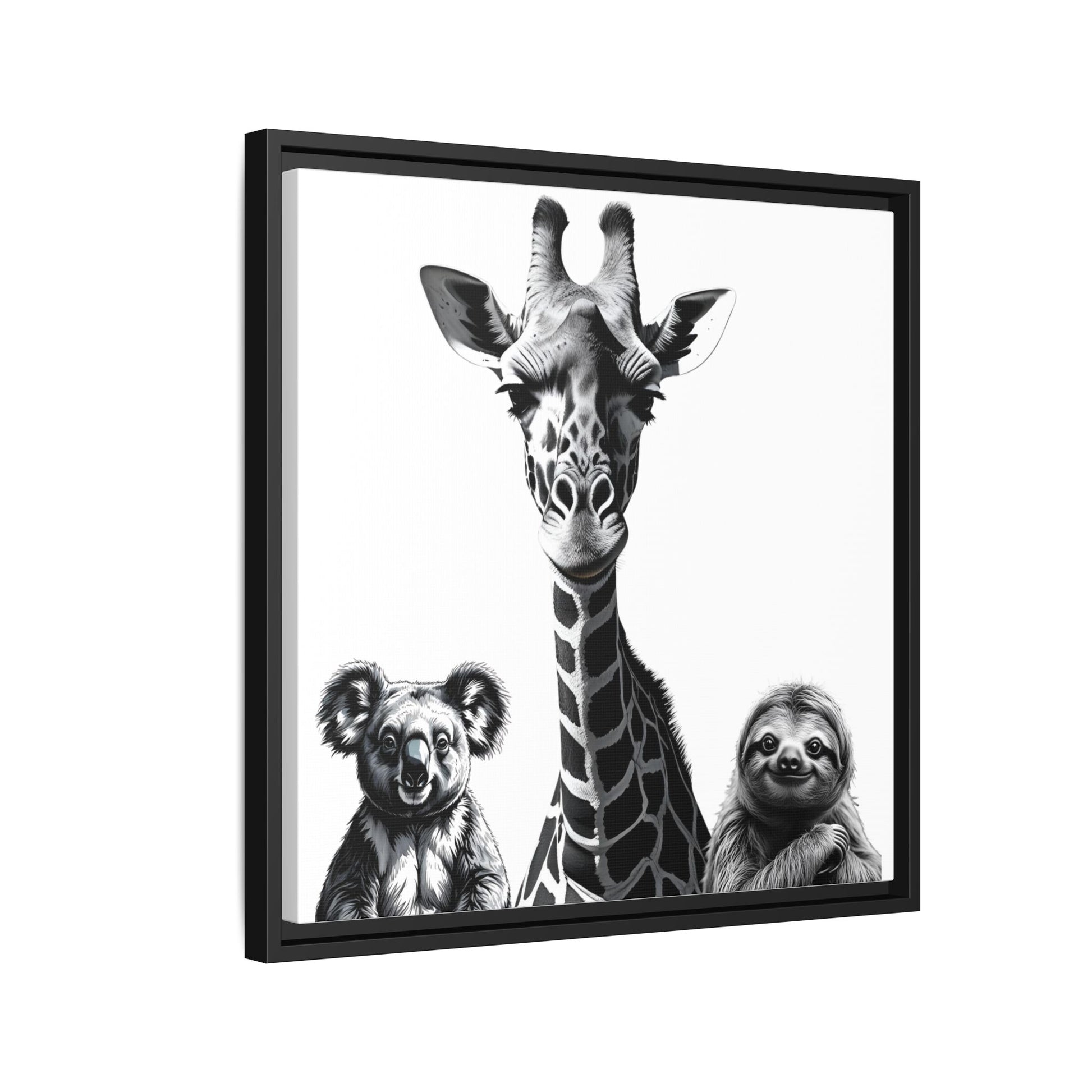 Framed artwork with a giraffe, koala, and sloth on a white background