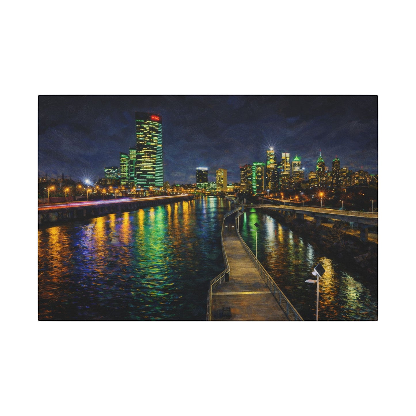 City skyline at night with illuminated buildings reflected in water, featuring a wooden pier.