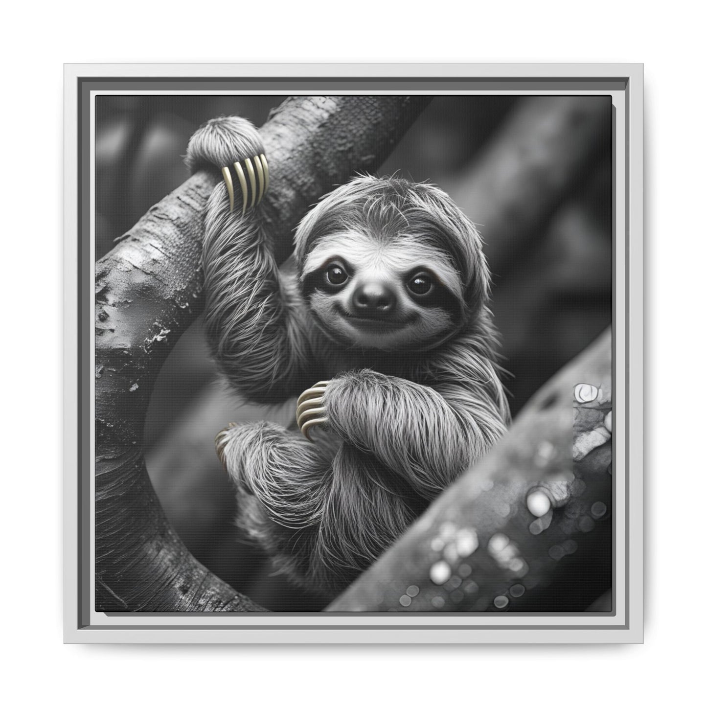 Smiling Sloth Hanging on Tree Branch Wall Art on Framed Canvas, Sloth Lover Gift, Nursery Decor, Wildlife Artwork