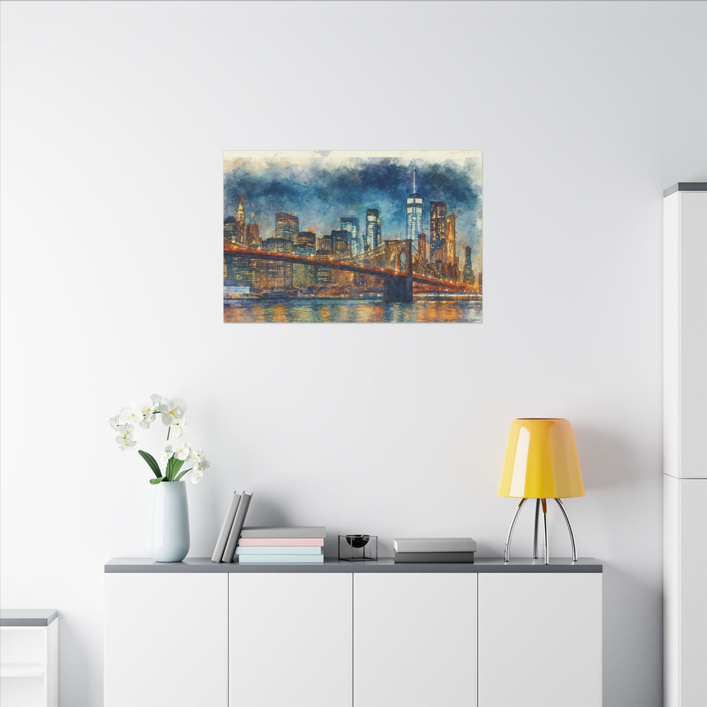 NYC Skyline Watercolor Art Print, Brooklyn Bridge Night Painting, New York City Wall Decor, Skyline Canvas Print, Urban Landscape
