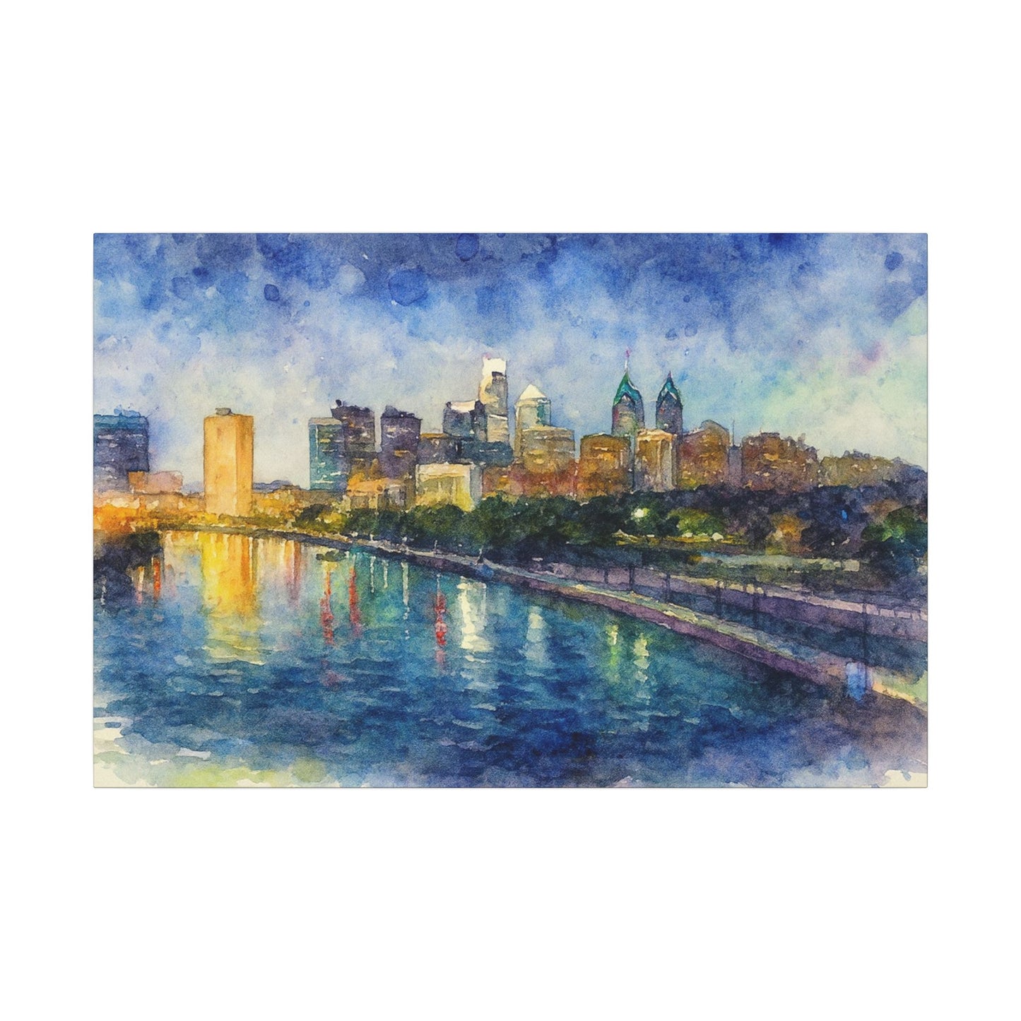 Watercolor painting of a city skyline reflected in a river