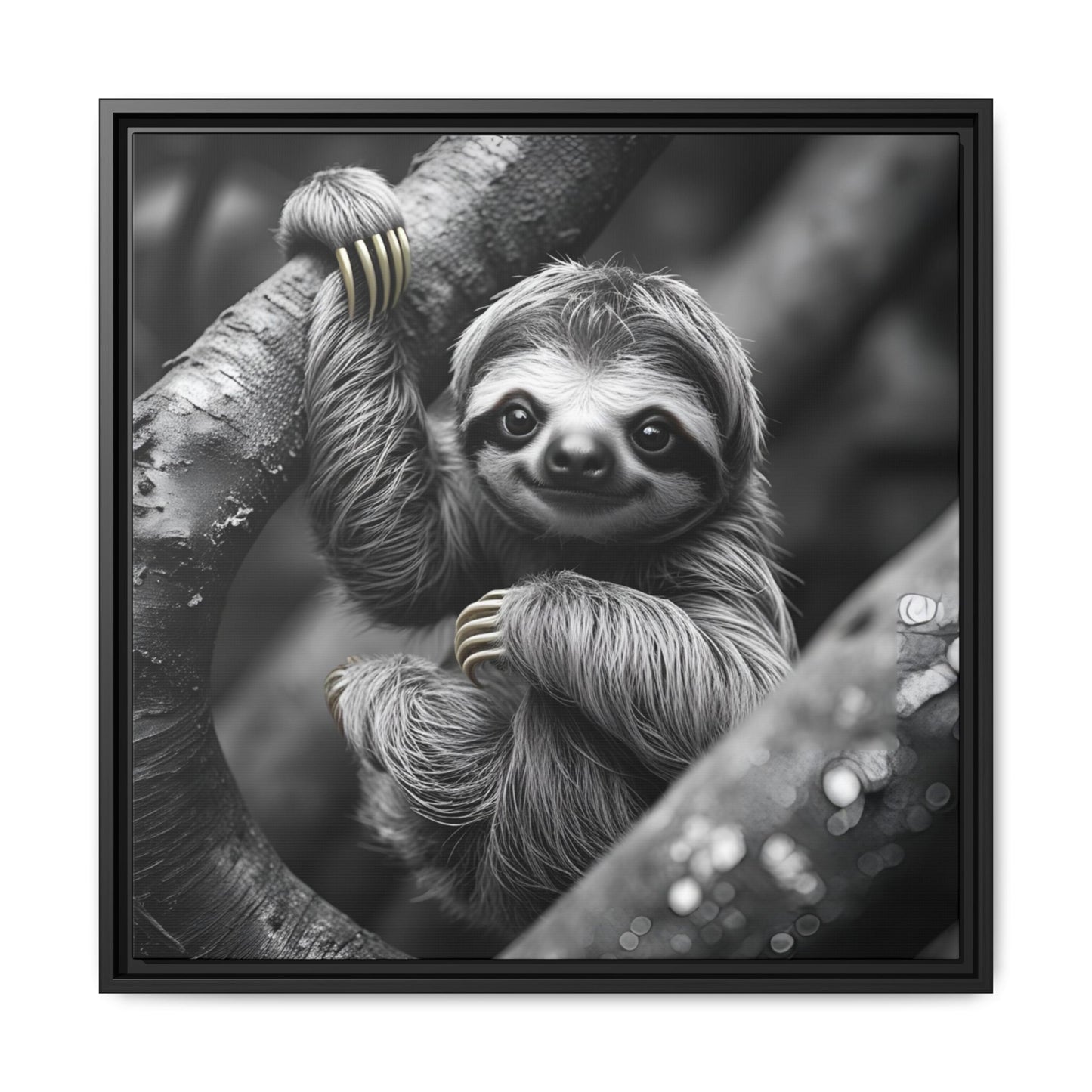Smiling Sloth Hanging on Tree Branch Wall Art on Framed Canvas, Sloth Lover Gift, Nursery Decor, Wildlife Artwork