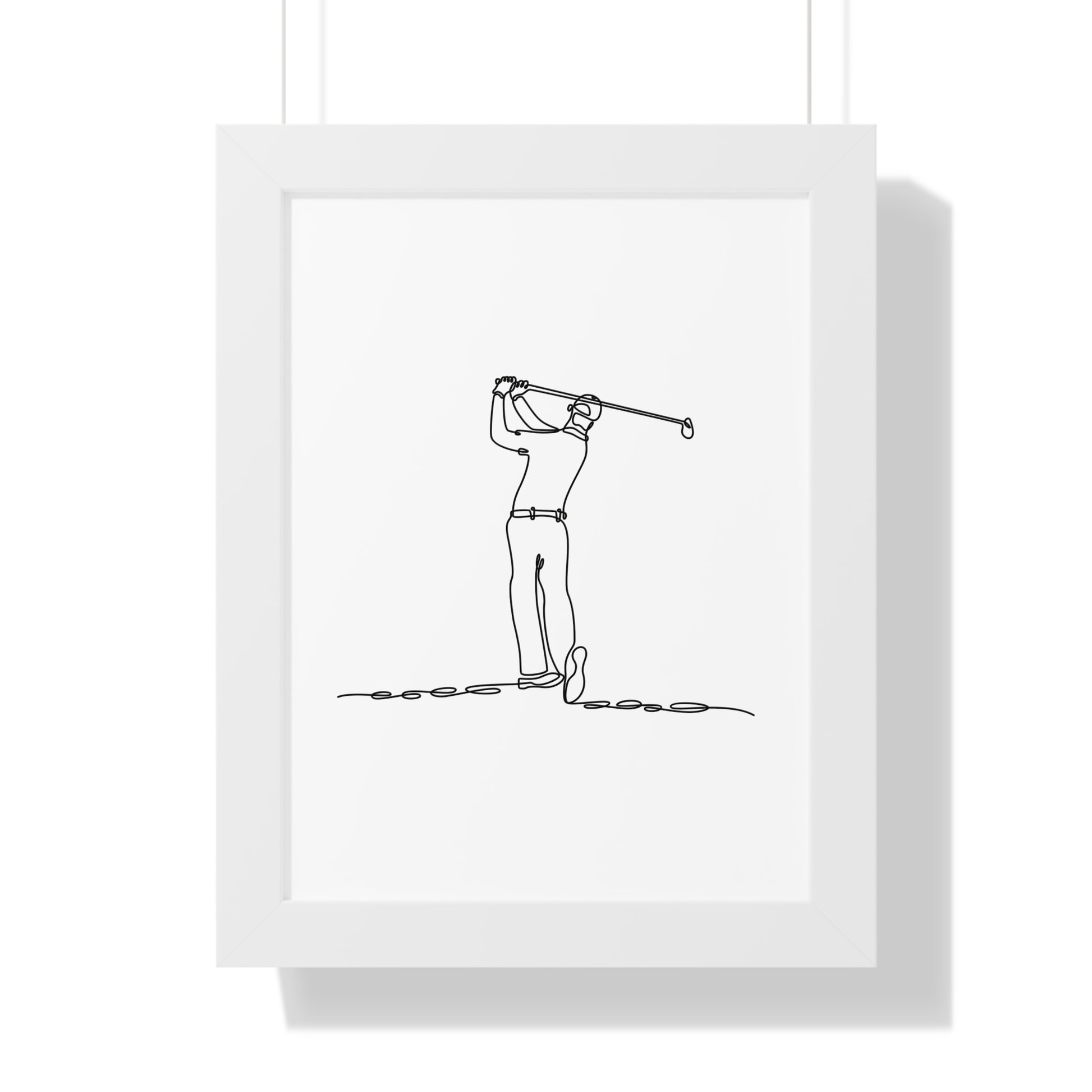 Framed black and white line drawing of a golfer on a white background