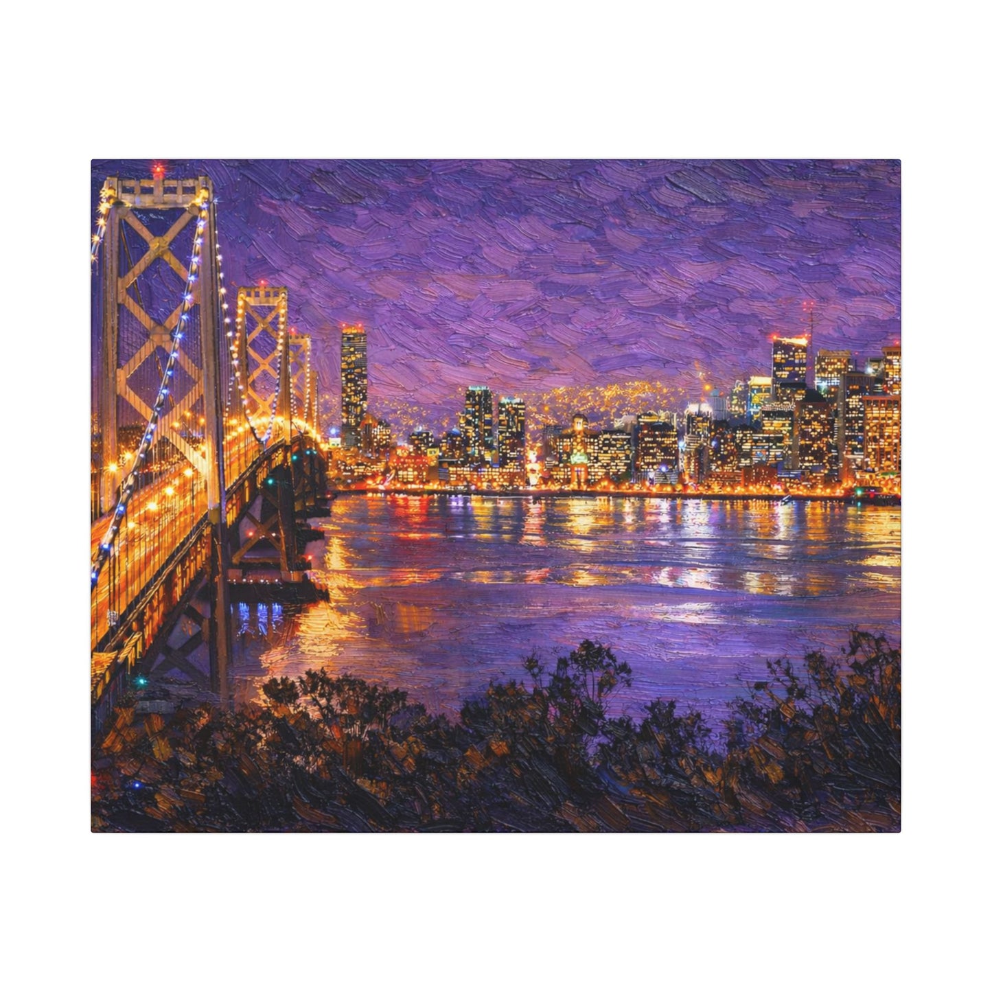 San Francisco Skyline Canvas Wall Art, Bay Bridge Night Painting, Impasto Style Artwork