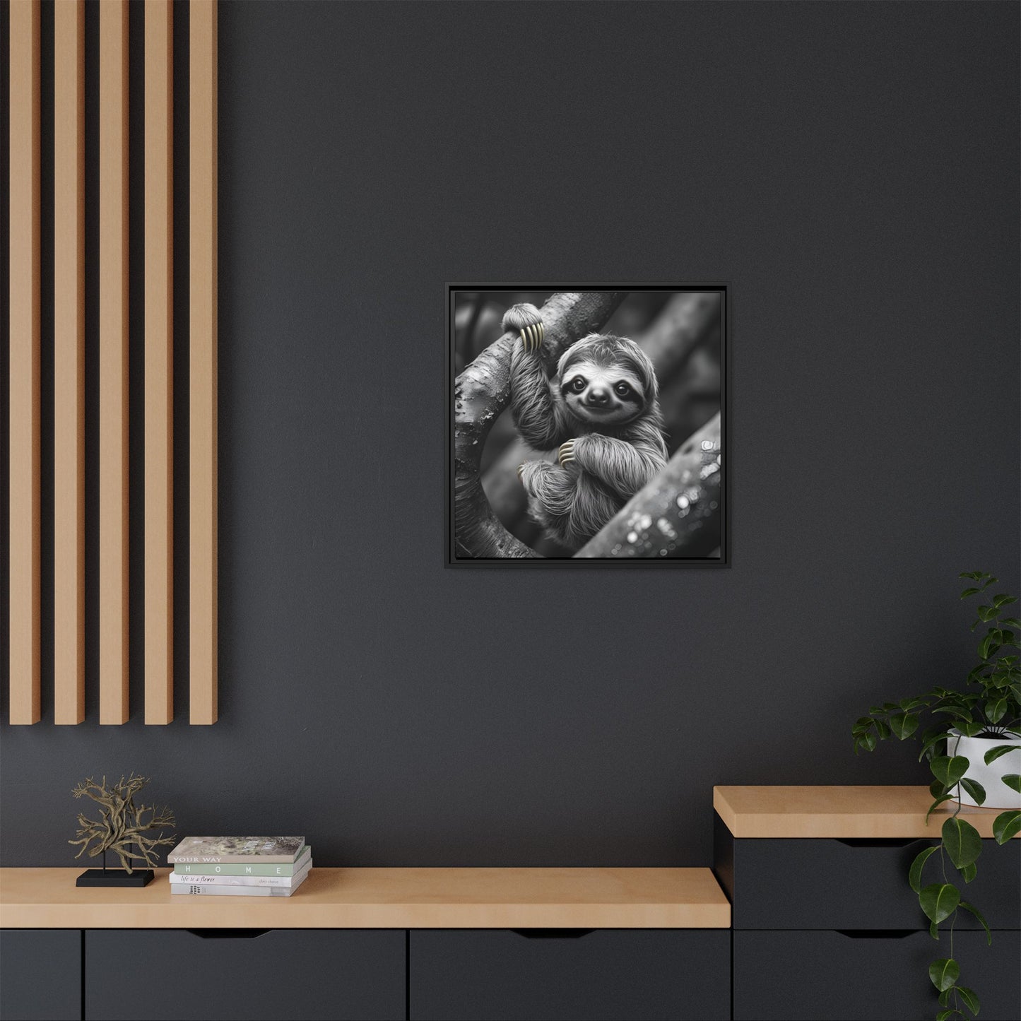 Smiling Sloth Hanging on Tree Branch Wall Art on Framed Canvas, Sloth Lover Gift, Nursery Decor, Wildlife Artwork