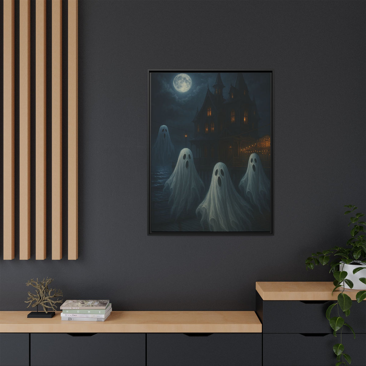 Haunted House Ghost Canvas Wall Art – Spooky Halloween Framed Art, Vintage Horror Decor, Gothic Night Scene Print