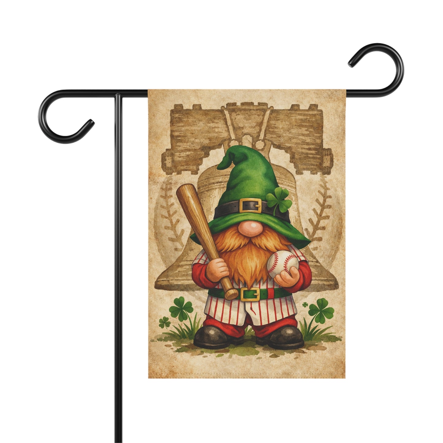 St Patrick’s Day Gnome Garden Flag – Irish Baseball Gnome with Liberty Bell & Shamrocks | Green Outdoor Decor