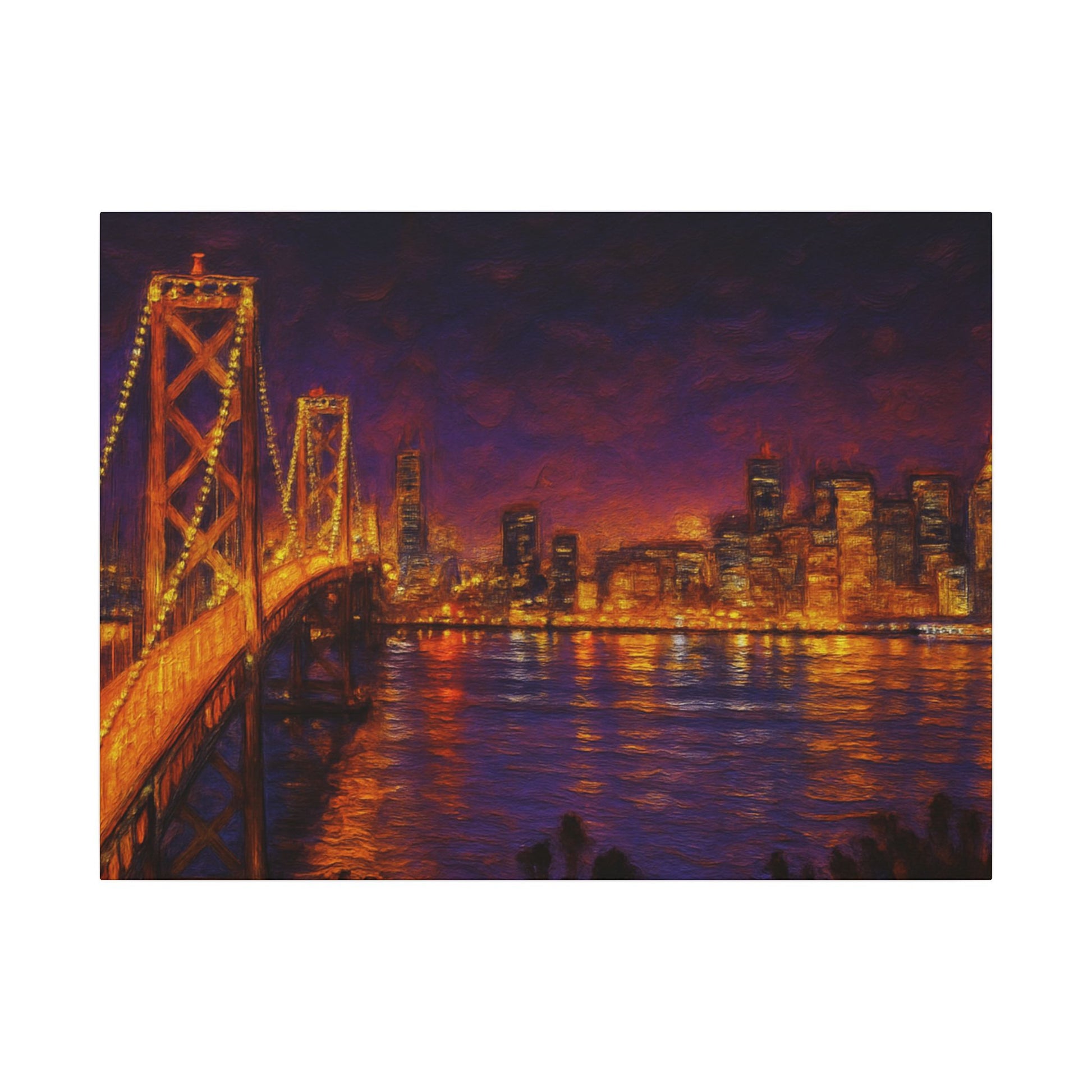 City skyline with a bridge at night, illuminated by lights.