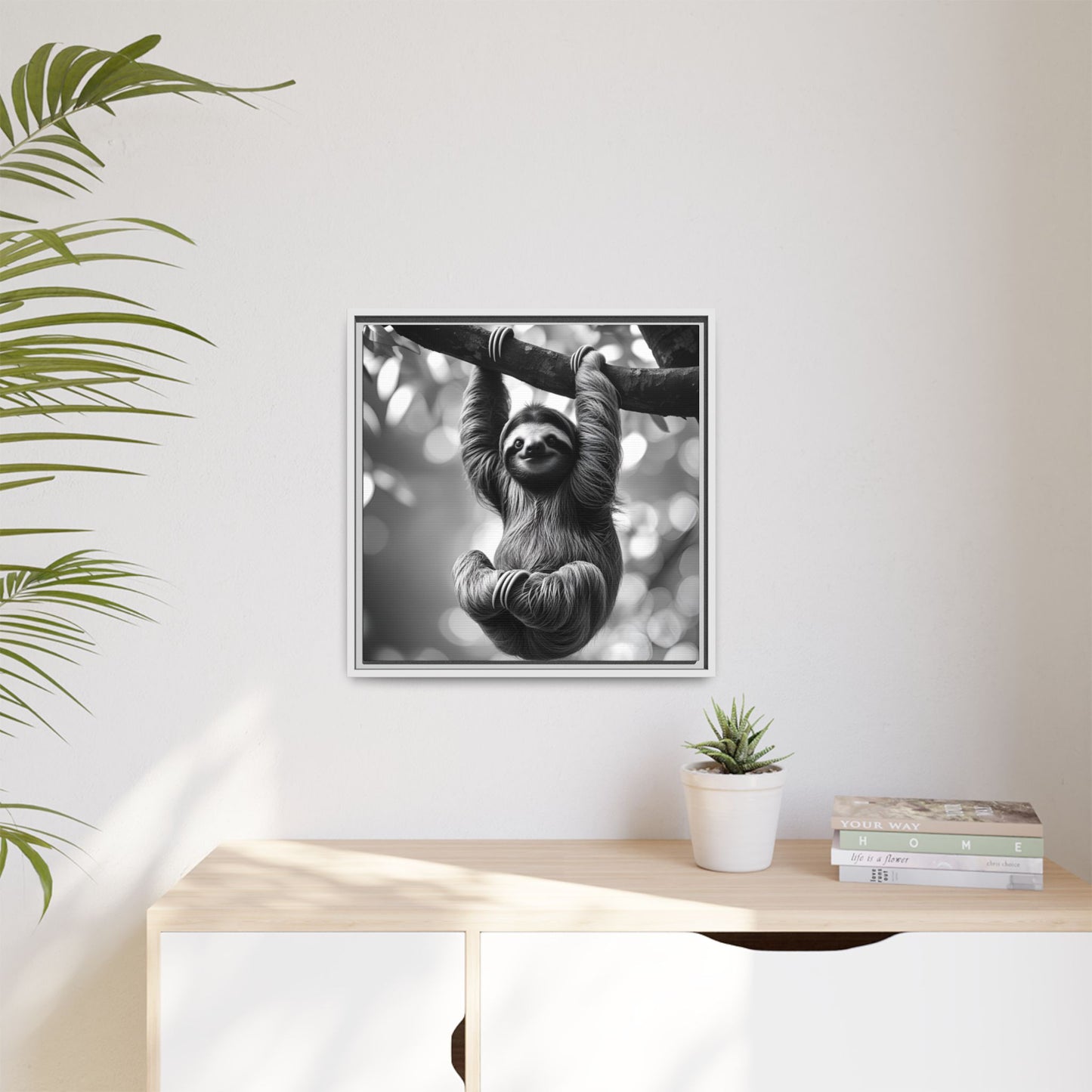 Black and White Sloth Framed Canvas Wall Art, Minimalist Animal Print, Modern Jungle Wildlife Home Decor, Sloth Lover Gift, Monochrome Image