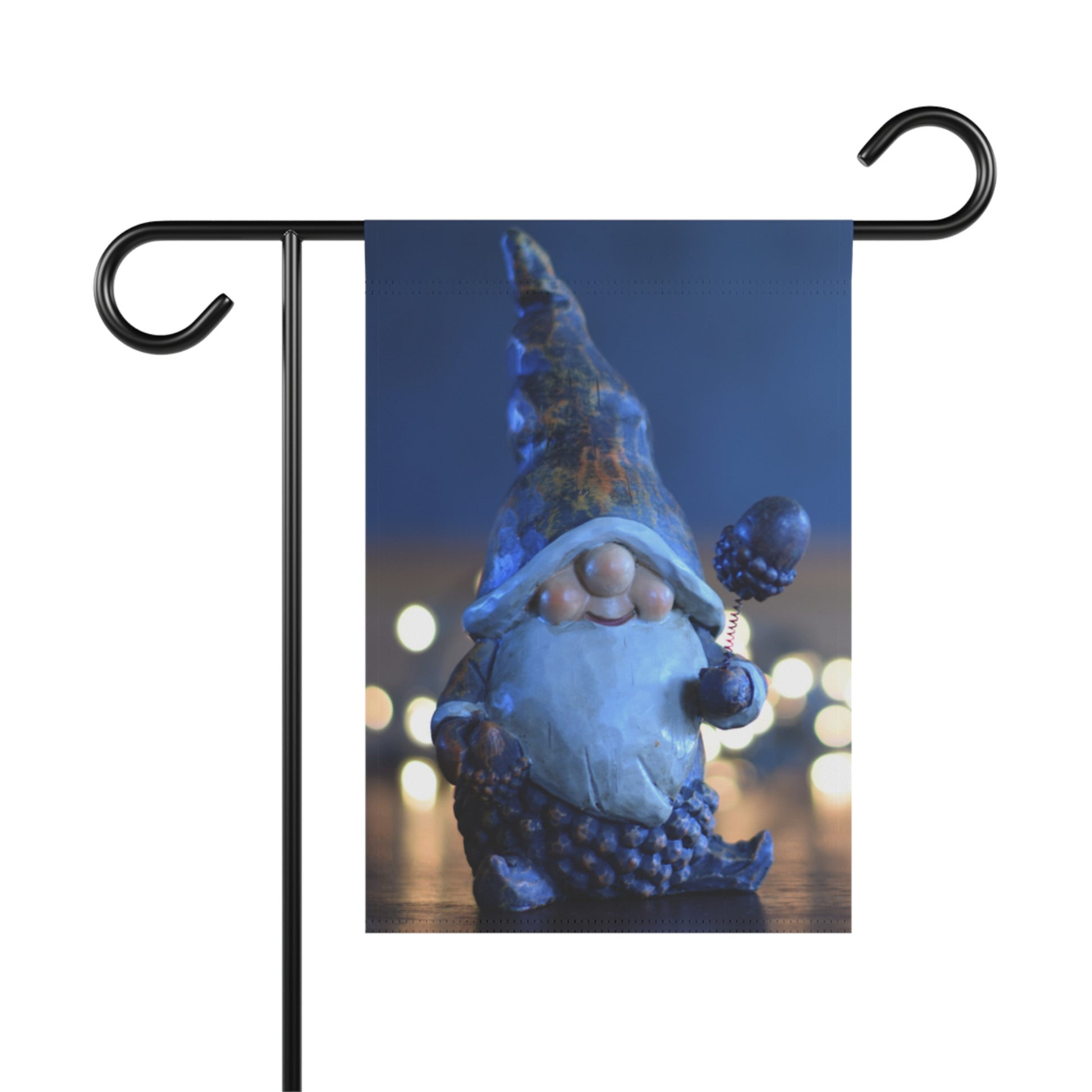 Gnome garden flag with a decorative stand on a white background