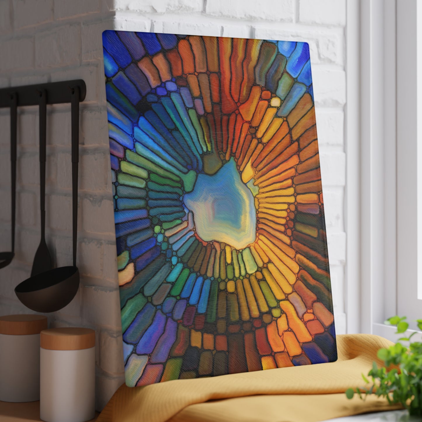 Stained Glass Sunburst Glass Cutting Board | Colorful Mosaic Kitchen Board