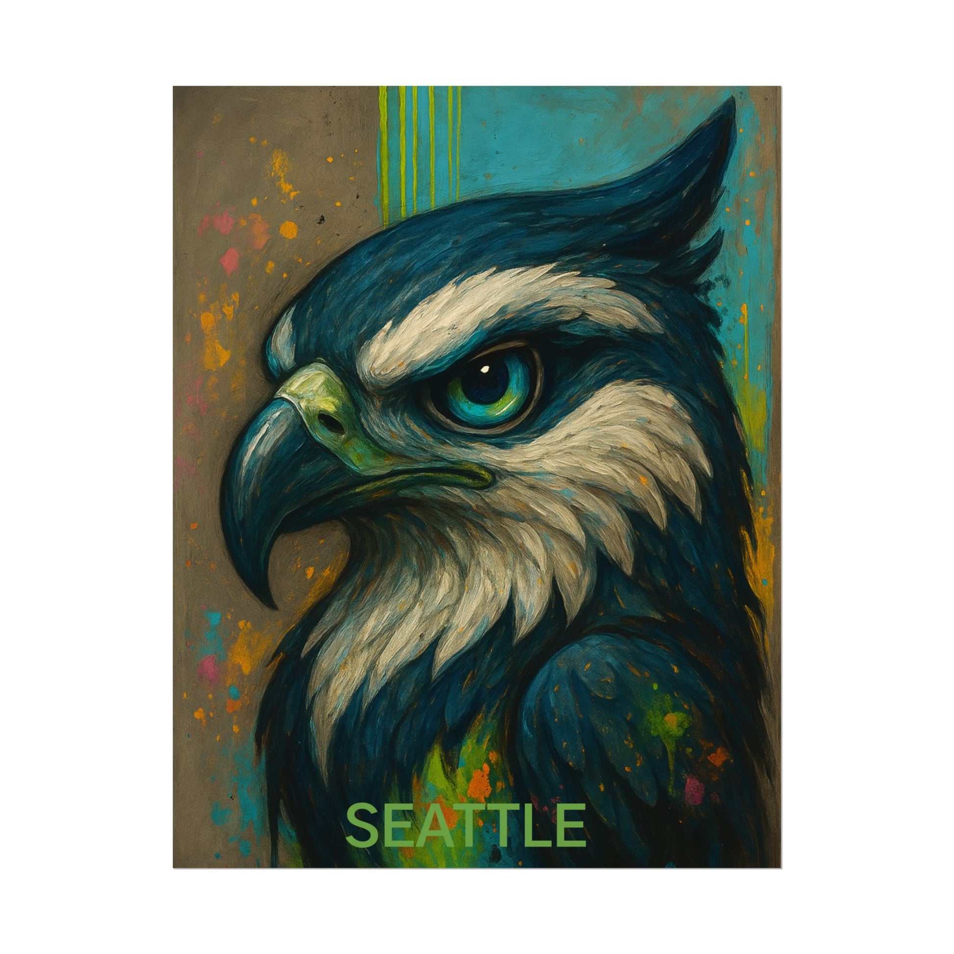 Colorful painting of an eagle with 'Seattle' text on a textured background