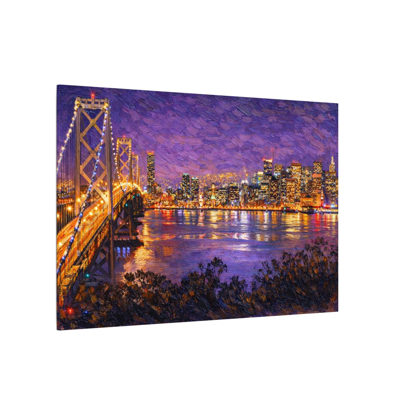 San Francisco Skyline Canvas Wall Art, Bay Bridge Night Painting, Impasto Style Artwork