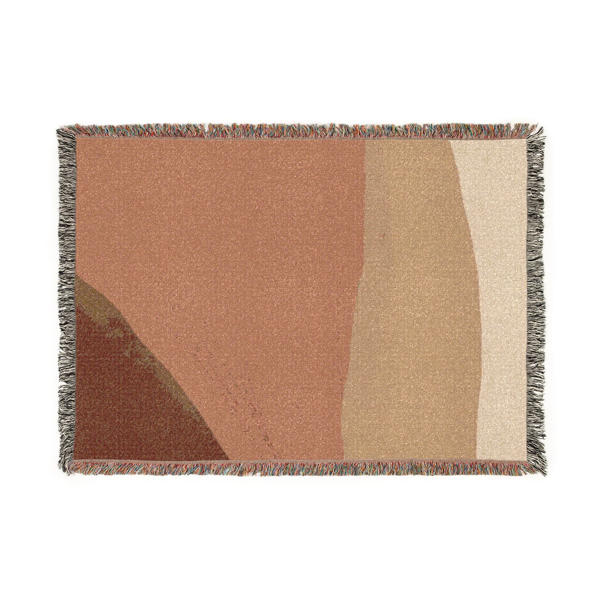 Woven blanket with abstract design in brown and beige on a white background