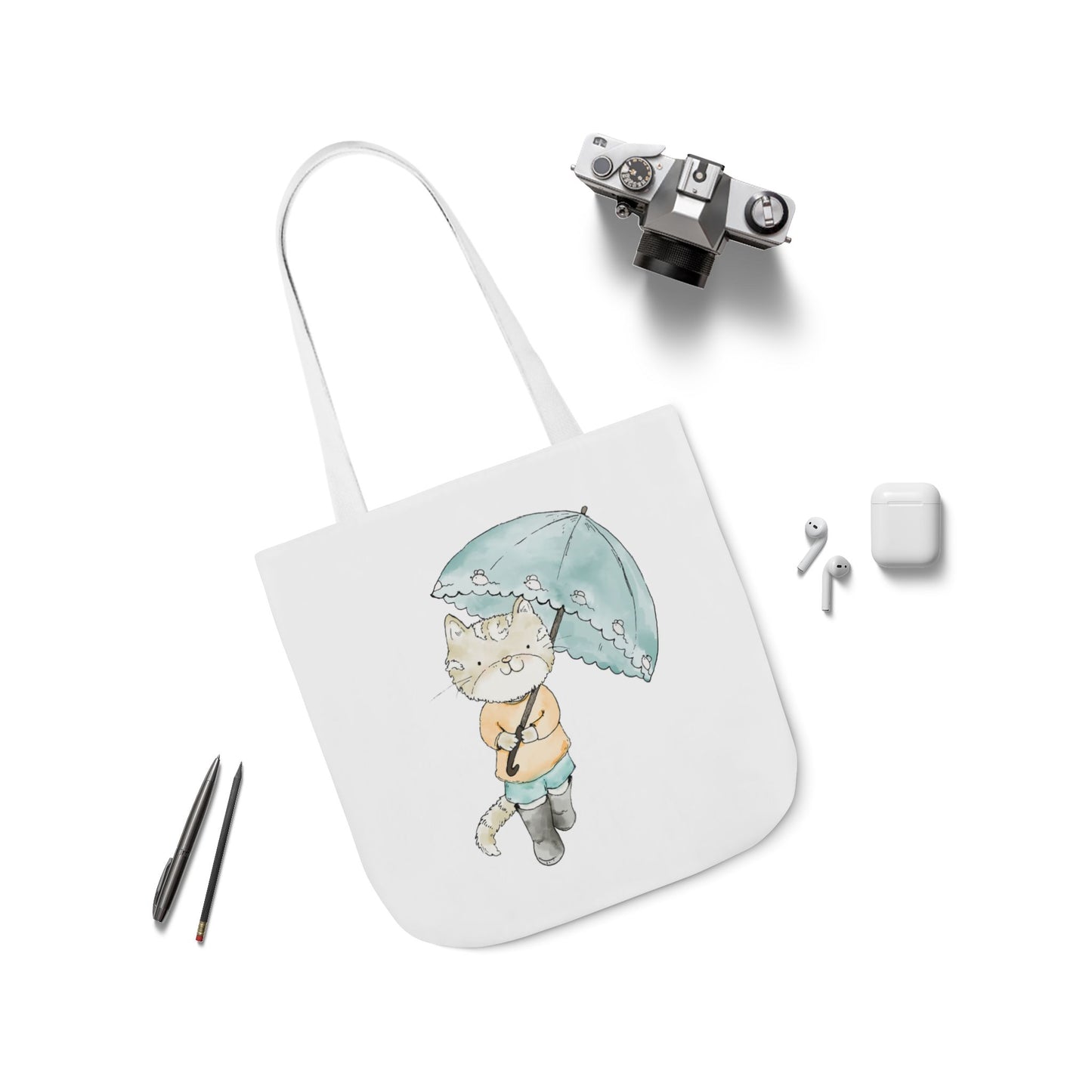 Cat Lover Tote Bag Cute Kitty with Umbrella Rain Boots Cat Lover Eco Tote Bag