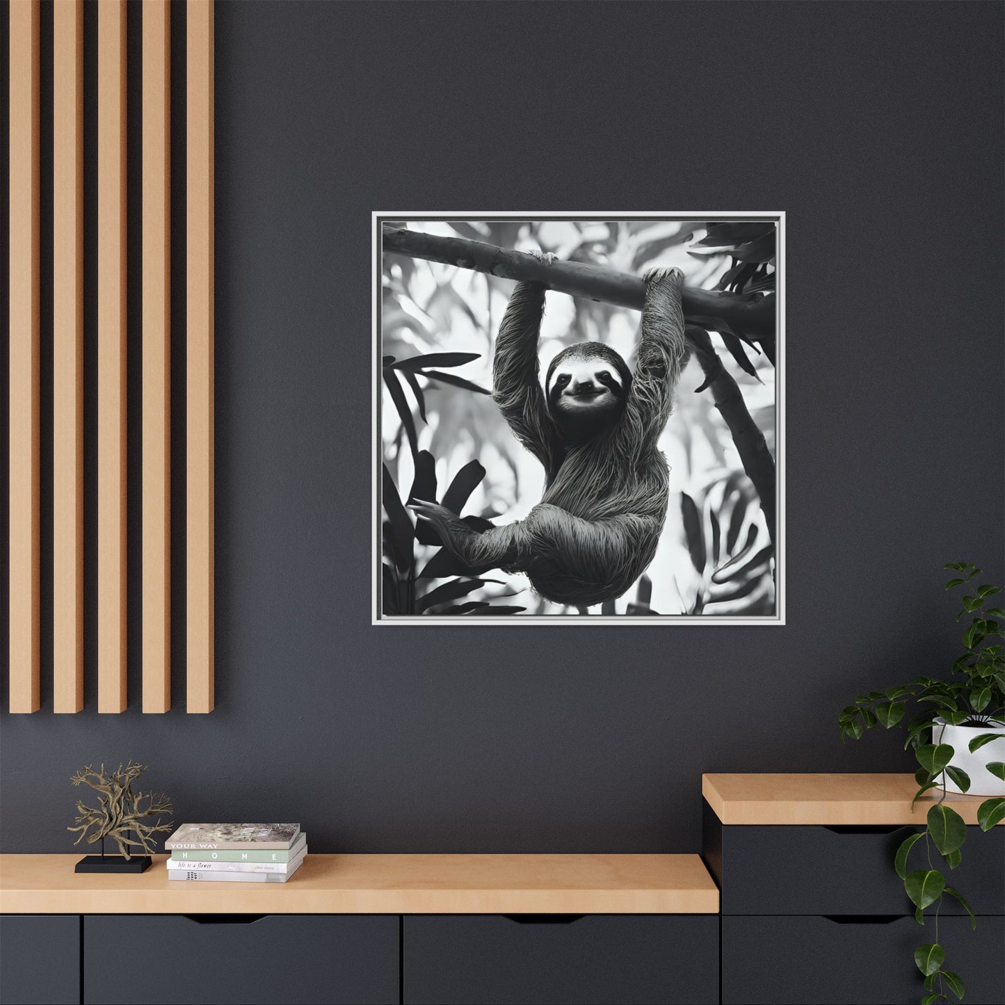 Playful Sloth Hanging from Tree Branch Black & White Animal Wall Art, Cute Sloth Photography Print, Jungle Theme Home Deco