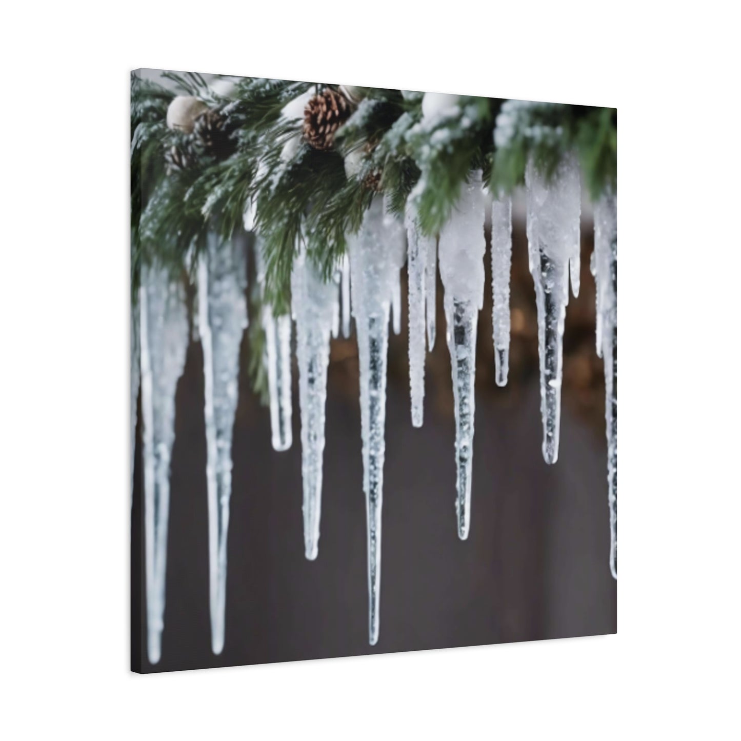 Winter Icicles Pine Branch Canvas Art: Holiday Home Decor, Stretched, 1.25"