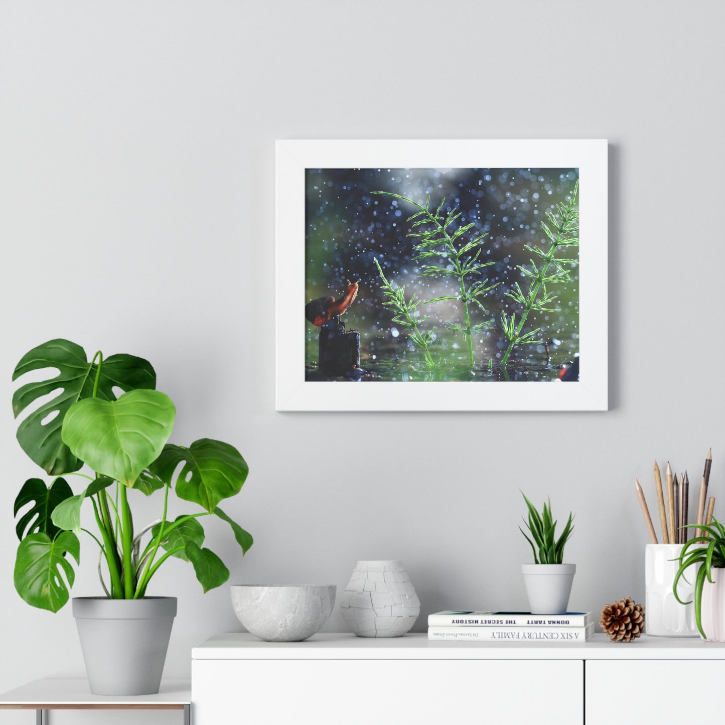 Snail Nature Wall Art – Rain Macro Botanical Print, Zen Forest Decor, Moody Nature, Calm Mindfulness Wall Art
