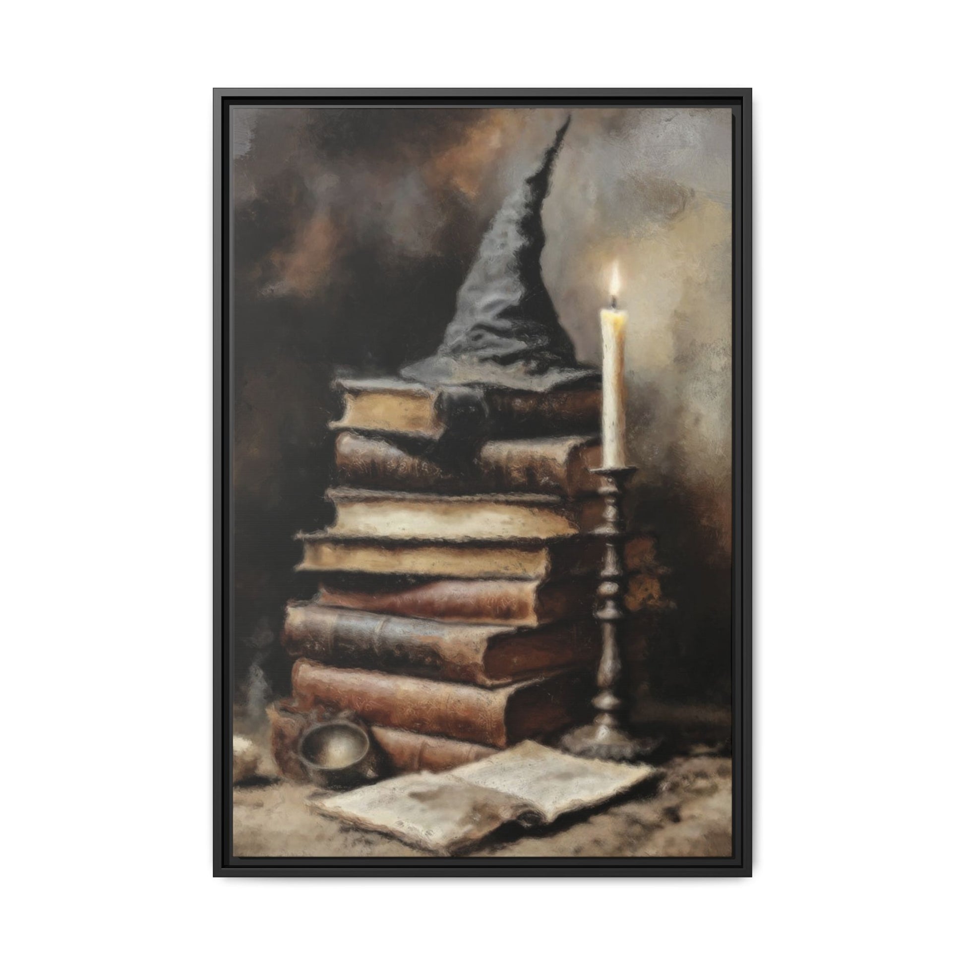 Framed artwork of a wizard's hat on books with a candle, on a white background