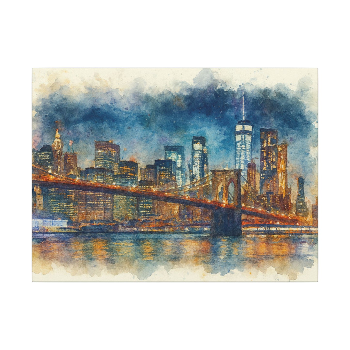 NYC Skyline Watercolor Art Print, Brooklyn Bridge Night Painting, New York City Wall Decor, Skyline Canvas Print, Urban Landscape
