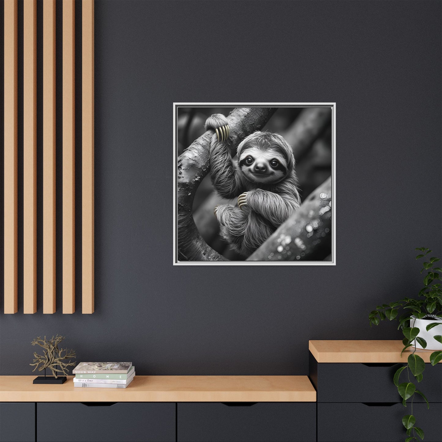 Smiling Sloth Hanging on Tree Branch Wall Art on Framed Canvas, Sloth Lover Gift, Nursery Decor, Wildlife Artwork