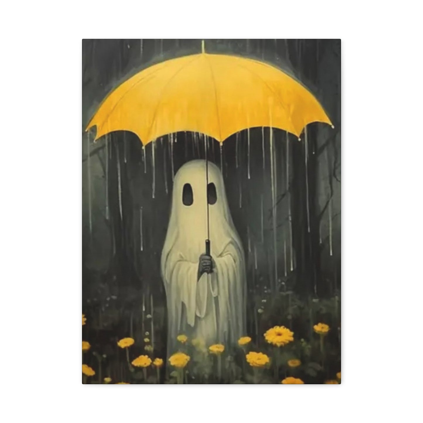 Ghost holding a yellow umbrella in a rain scene with yellow flowers