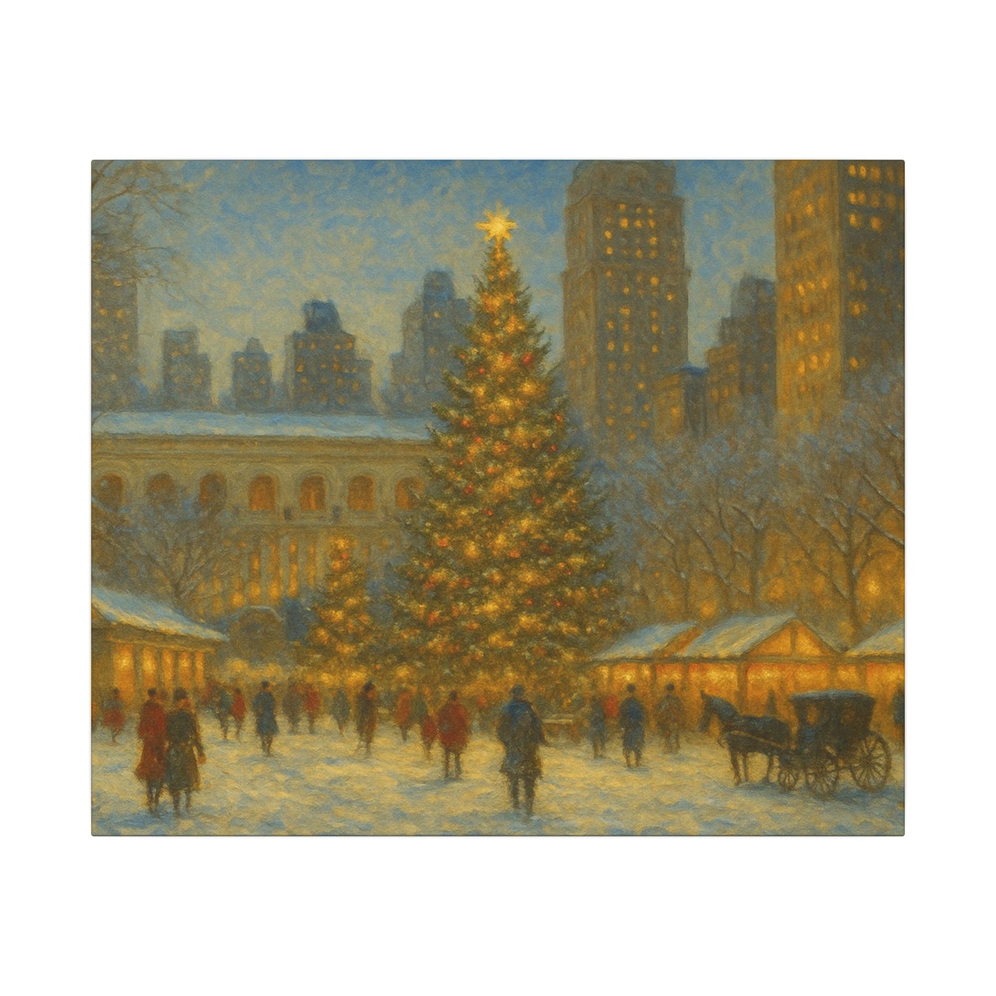 Winter scene with a large Christmas tree in an urban setting, people walking around, and a horse-drawn carriage.