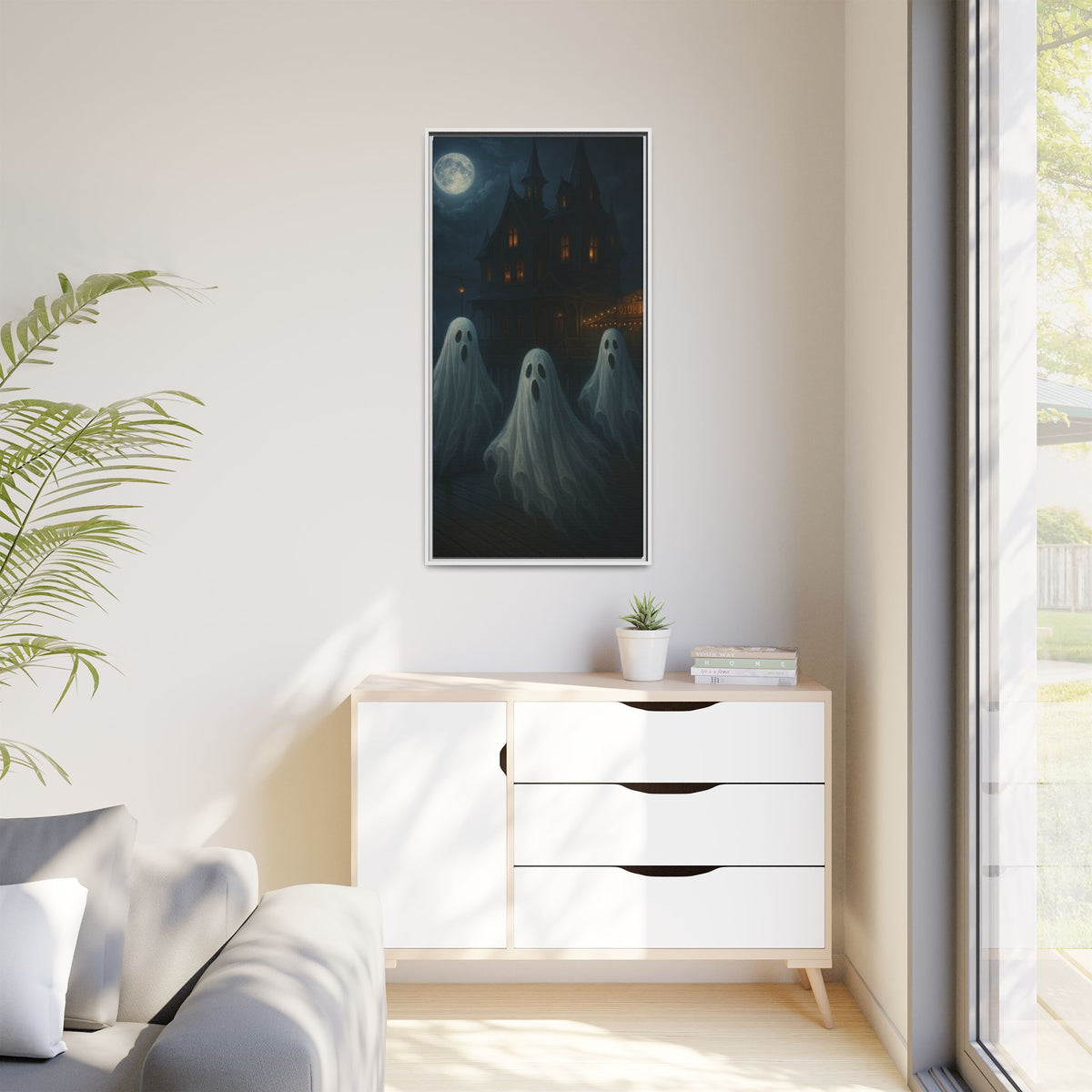 Haunted House Ghost Canvas Wall Art – Spooky Halloween Framed Art, Vintage Horror Decor, Gothic Night Scene Print